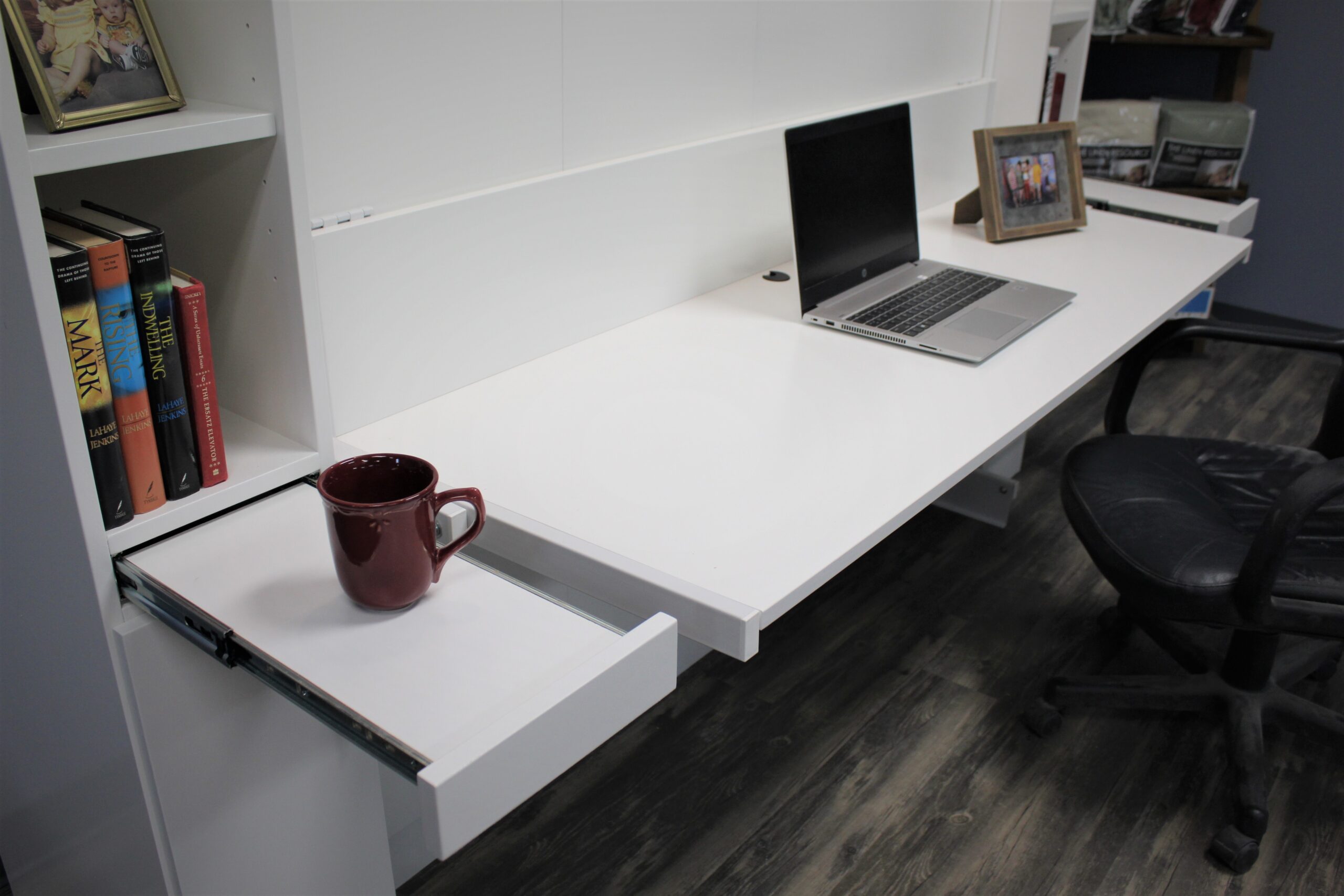 White Alpine Pullout Drink Tray that Doubles as an Extension to the Work Surface