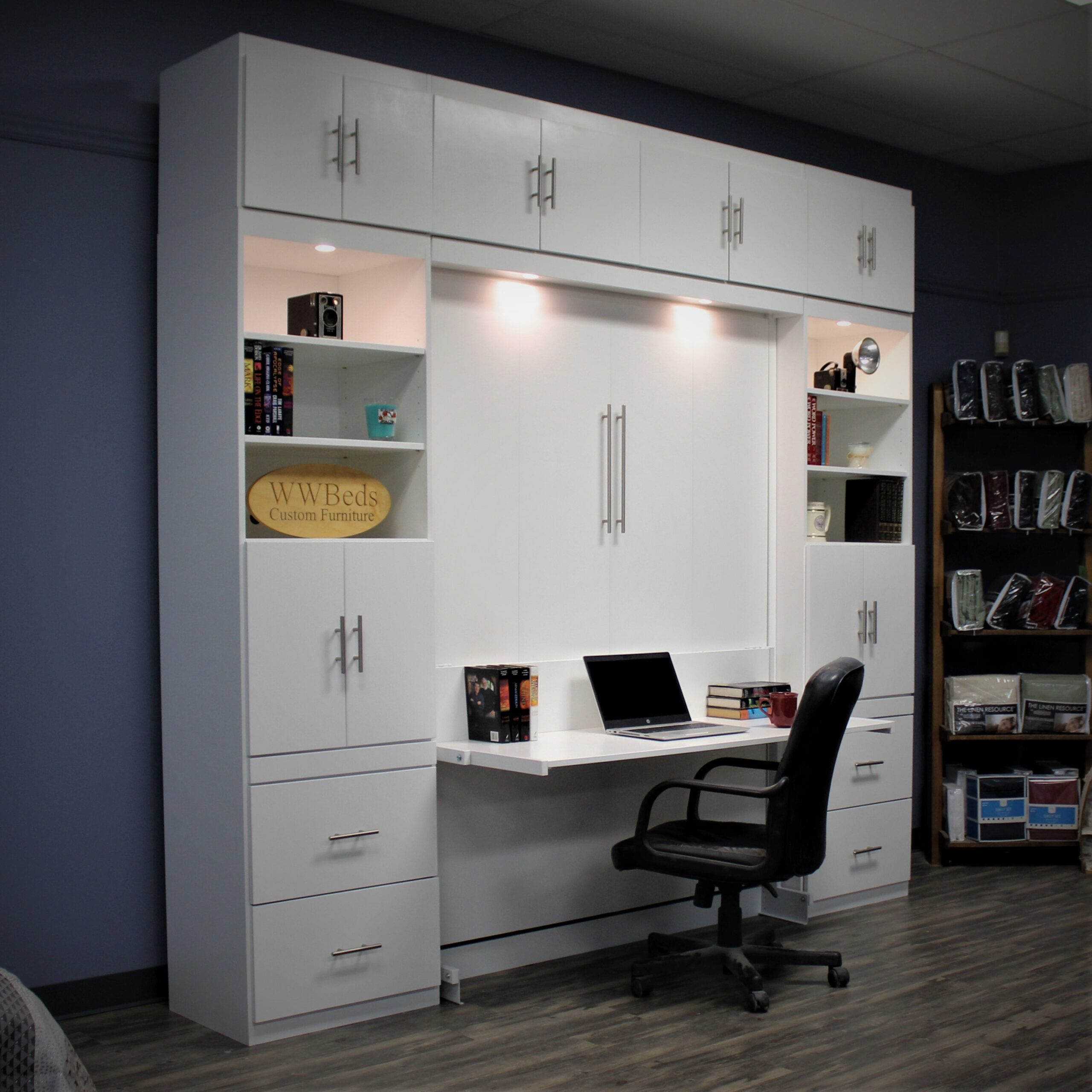 White Alpine with Upper Bookcase Side View of Bed Shown Closed