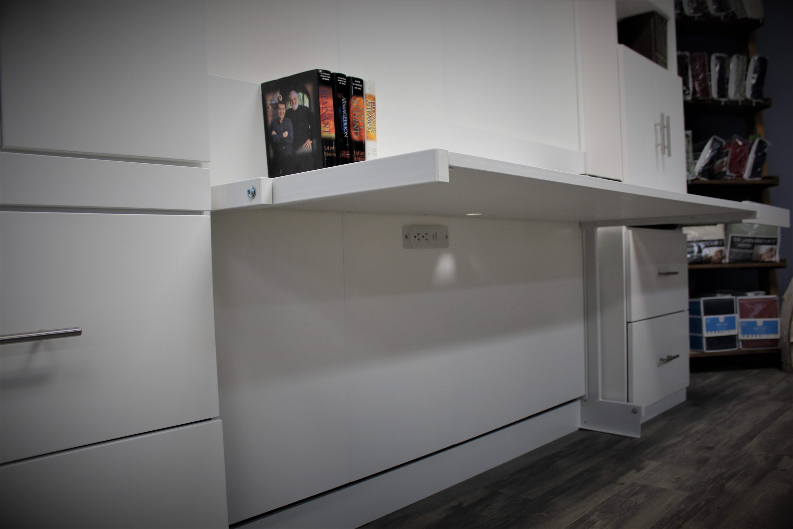 White Alpine with Upper Bookcase Under Desk Charging Station