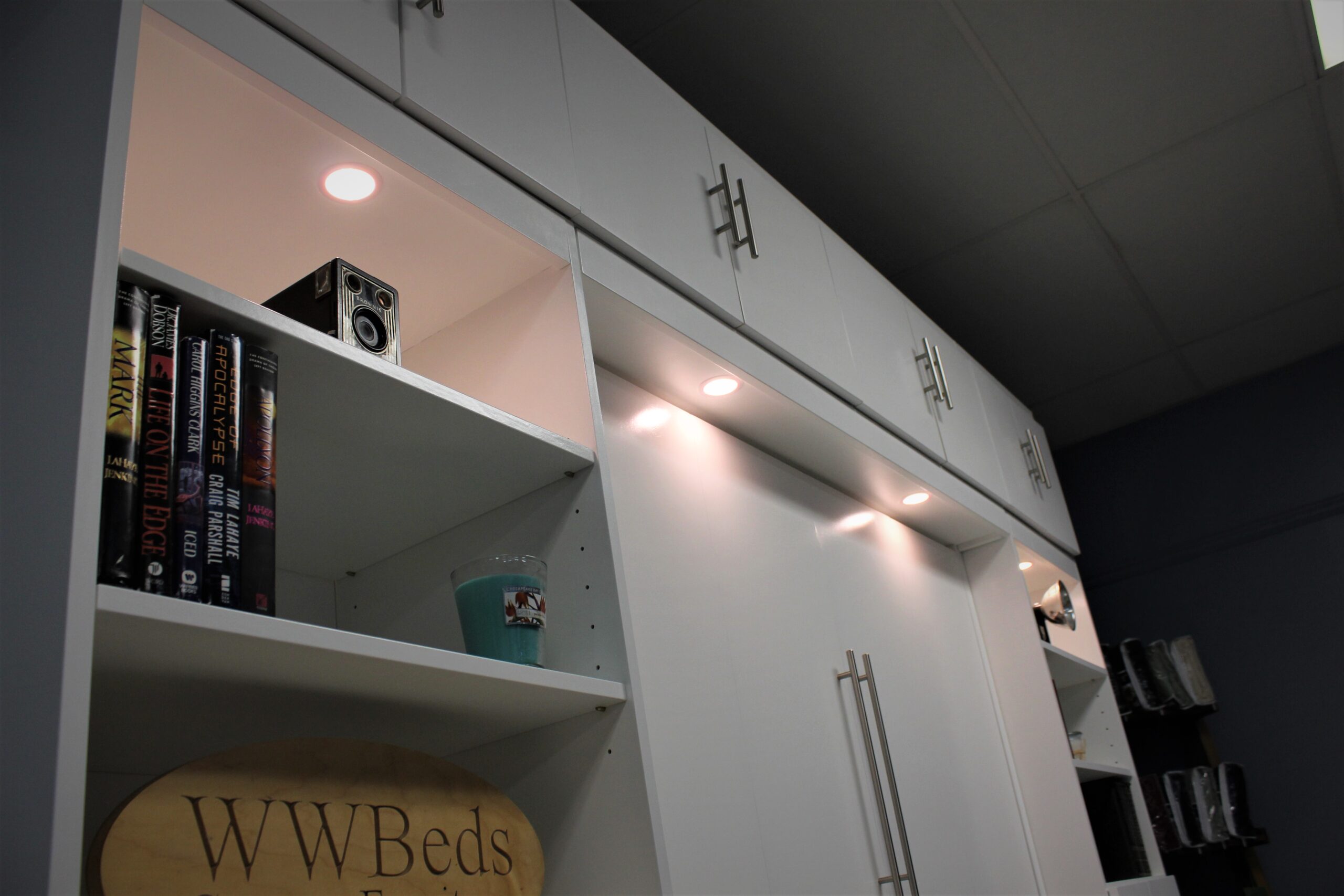 White Alpine with Upper Bookcase LED Outset Lights and Bookcase lights