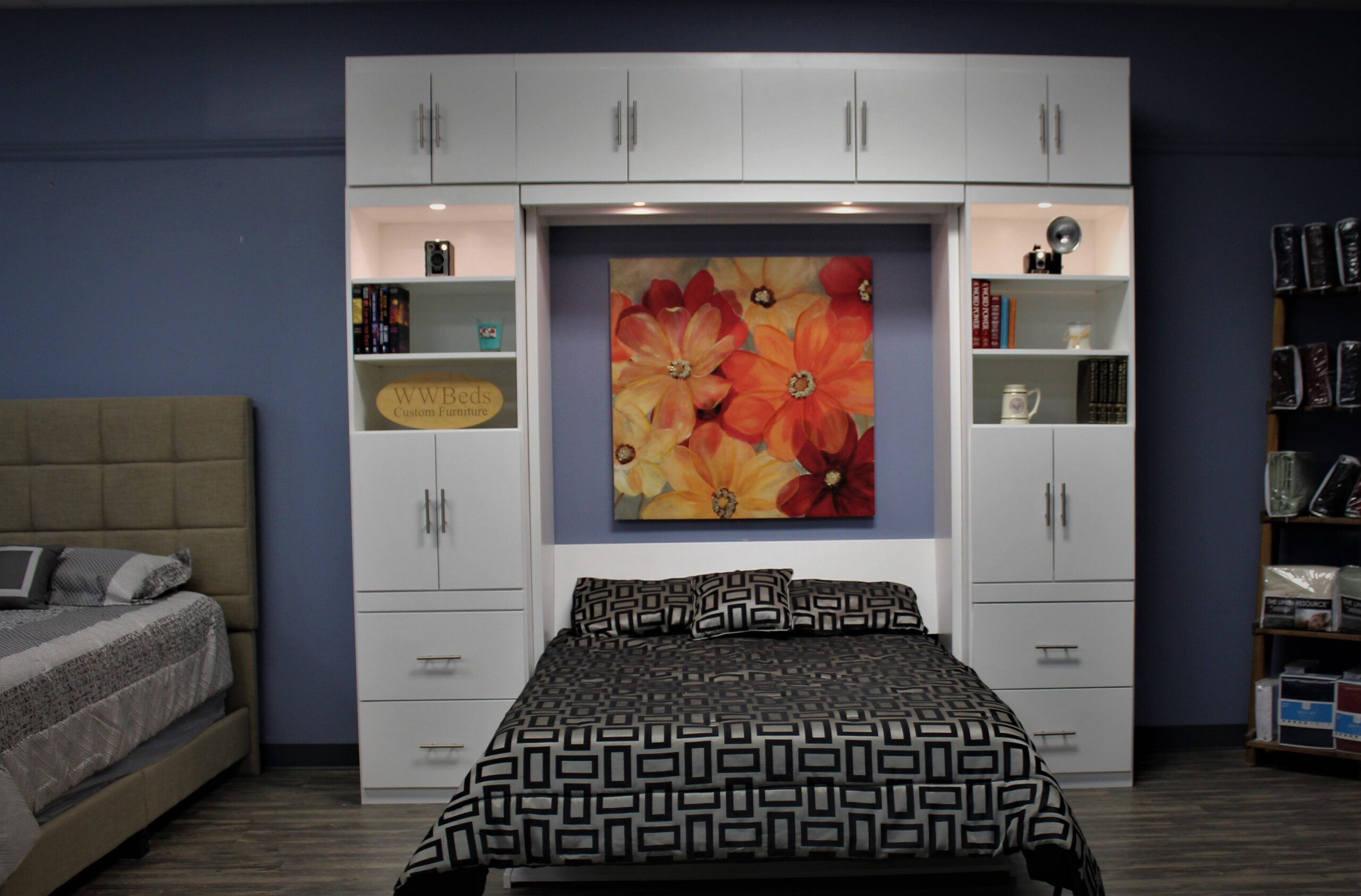 White Alpine with Upper Bookcase Front View of Murphy Bed Shown Open