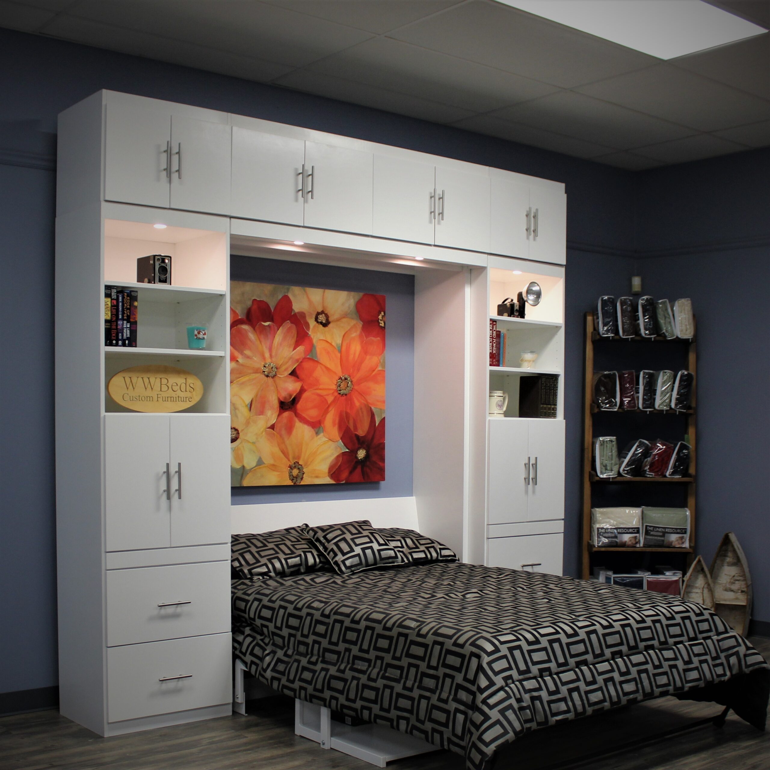 White Alpine with Upper Bookcase Side View of Murphy Bed Shown Open