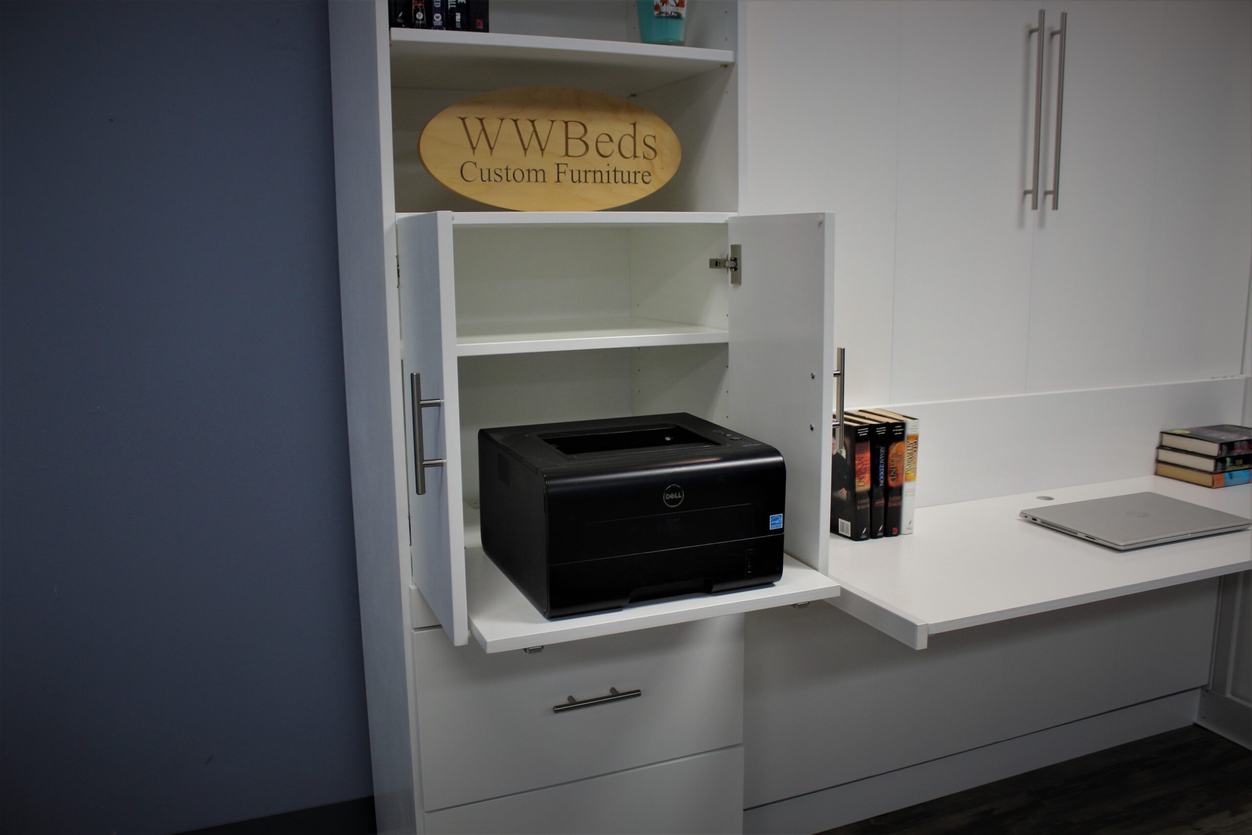 White Alpine with Upper Bookcase Printer Pullouts Shown Open