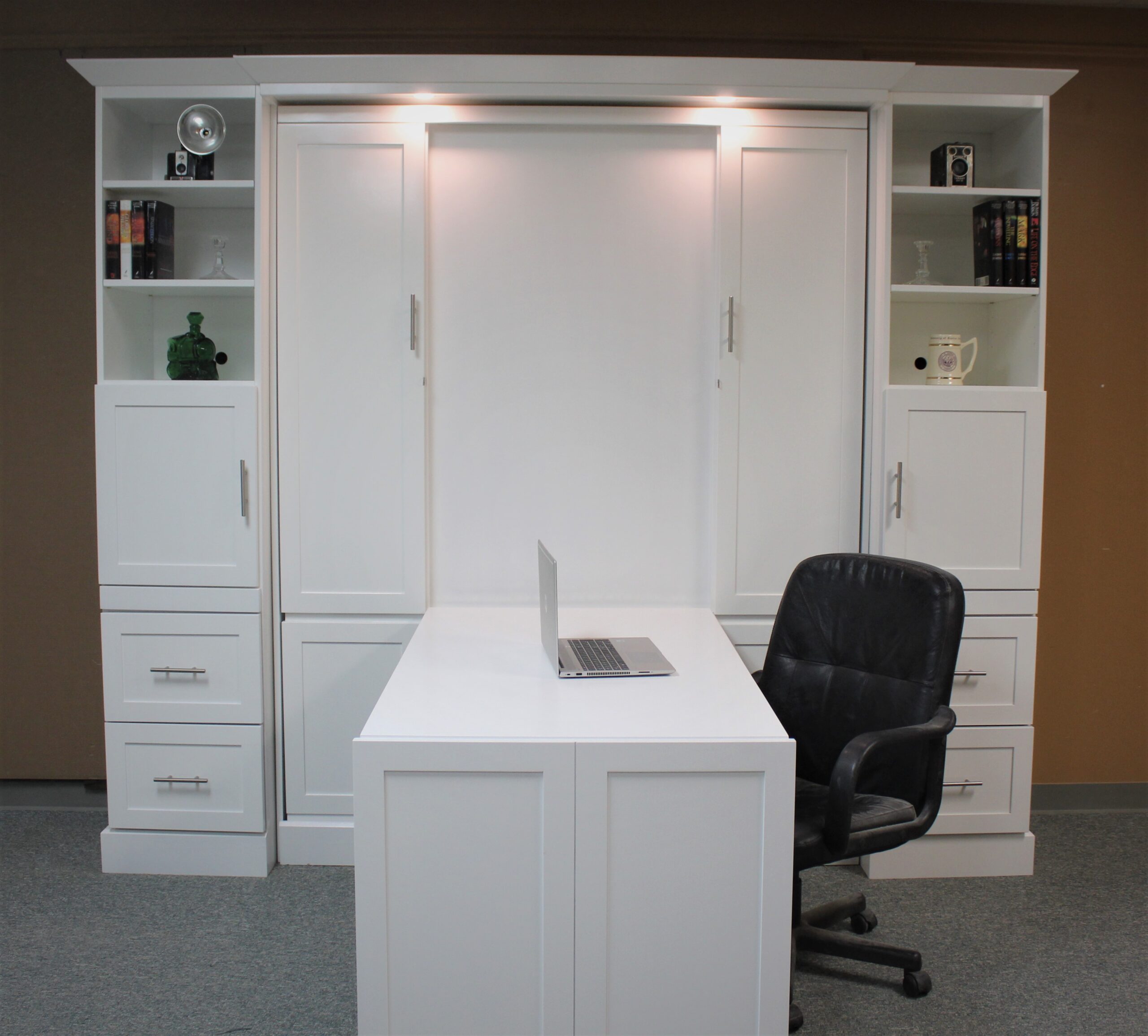 White Christy Wallbed with hidden desk shown with desk open