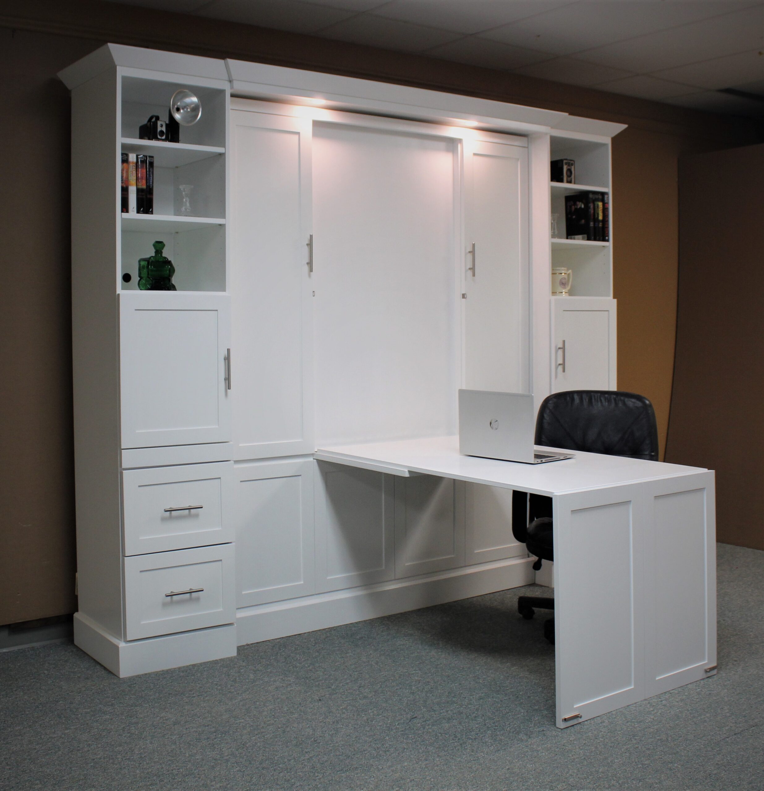 White Christy Murphy bed with hidden desk shown deskopen
