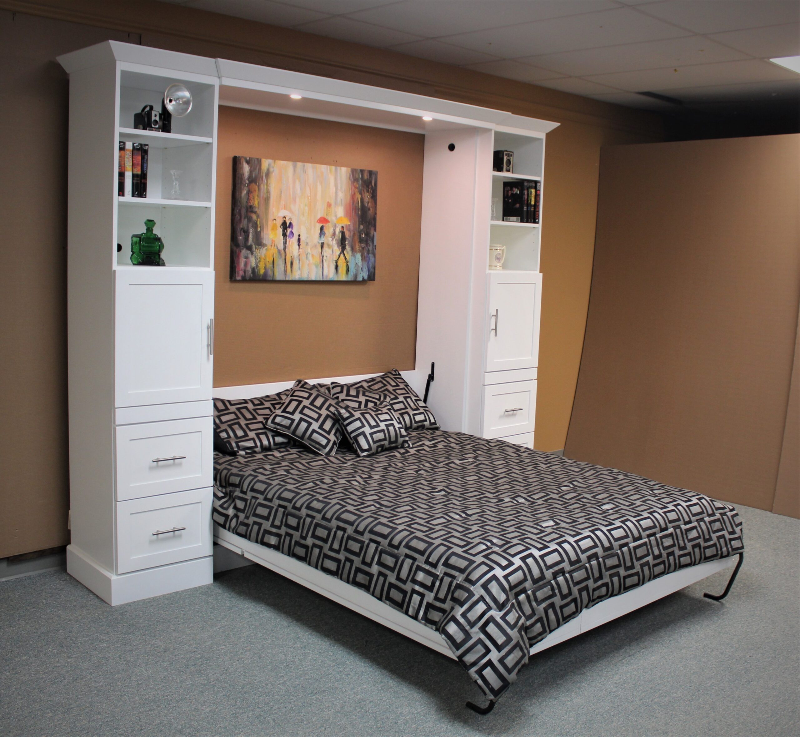 White Christy Murphy bed with hidden desk shown open