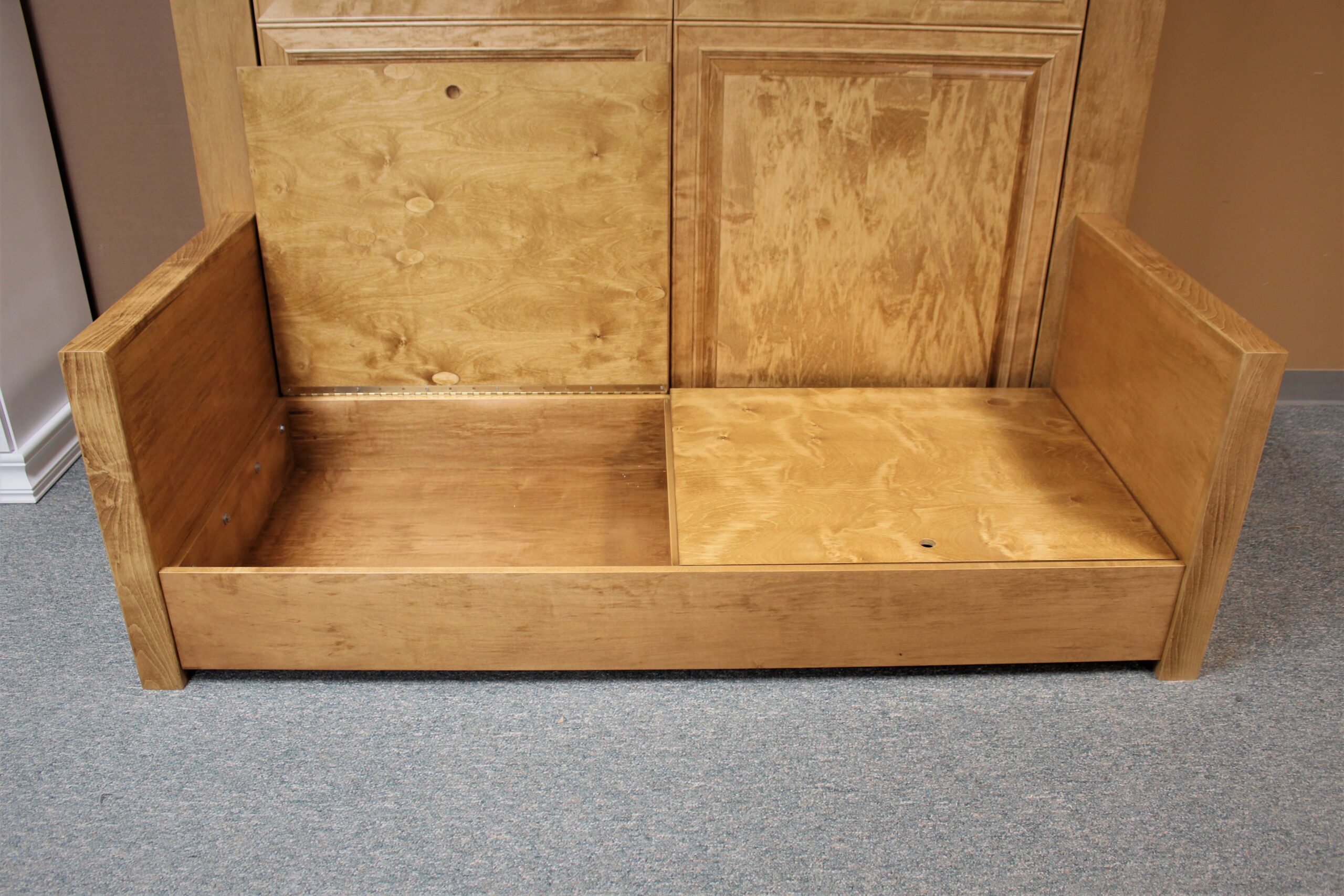 Golden Oak Jordan Murphy Bed with Sofa Storage Shown Open