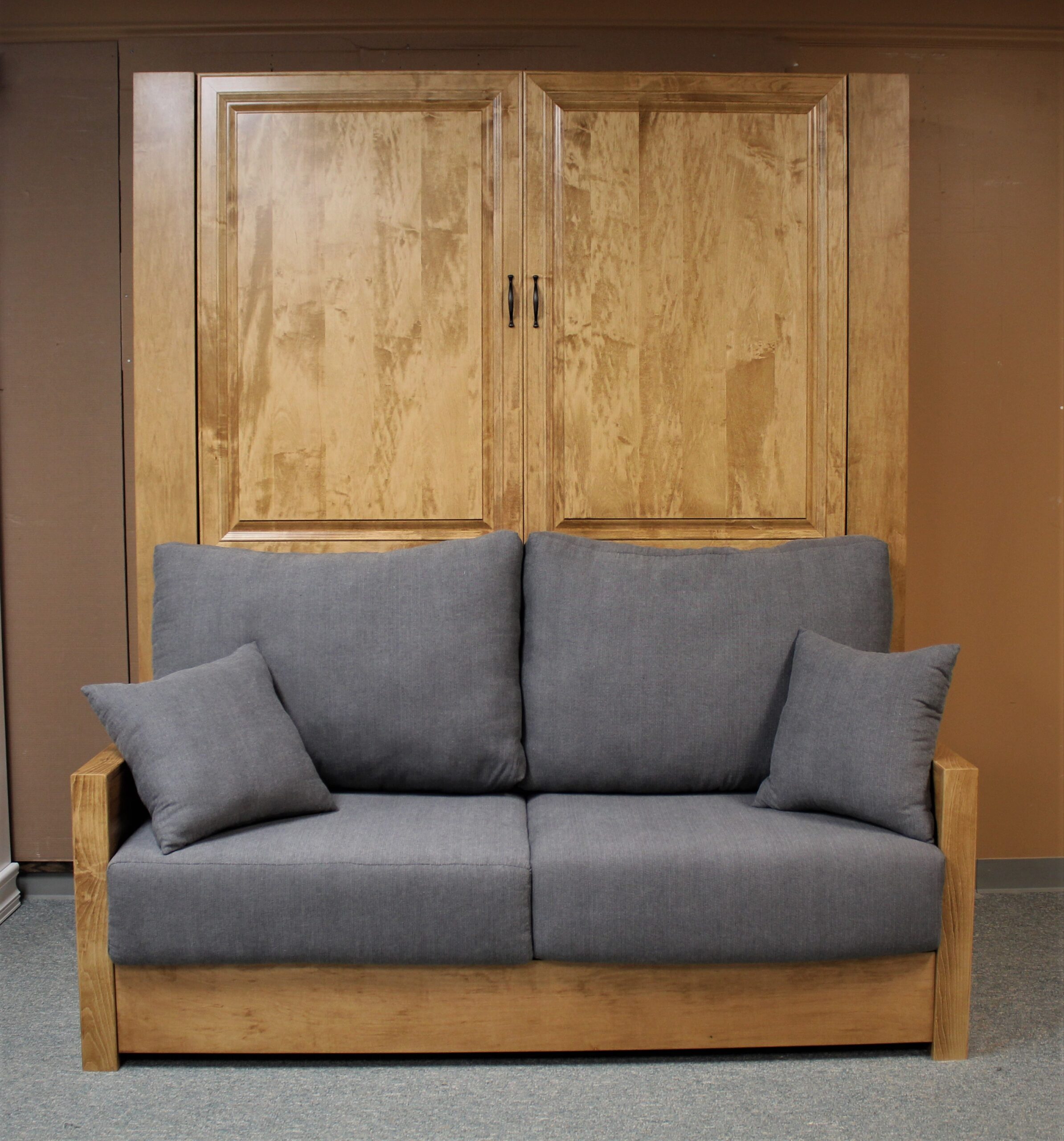 Golden Oak Jordan Murphy Bed with Sofa Shown Closed Front View
