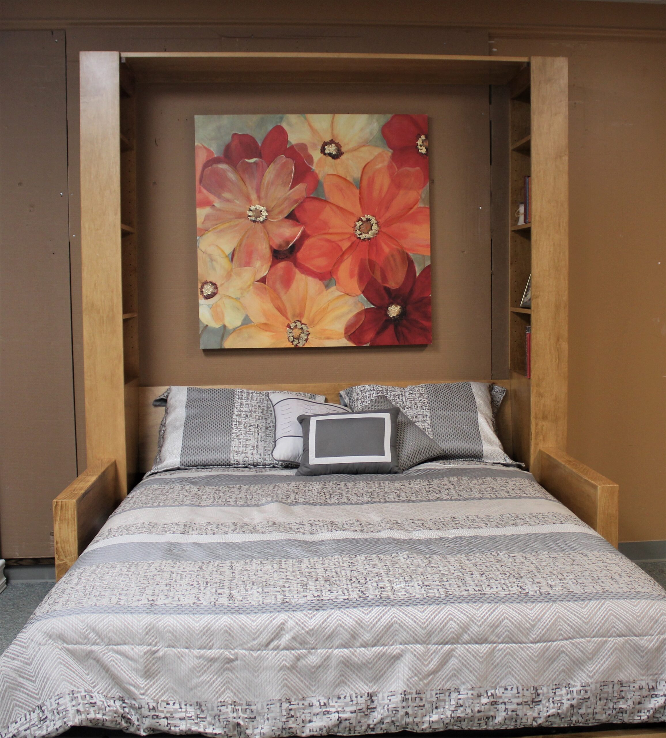 Golden Oak Jordan Murphy Bed with Sofa Shown Open Front View