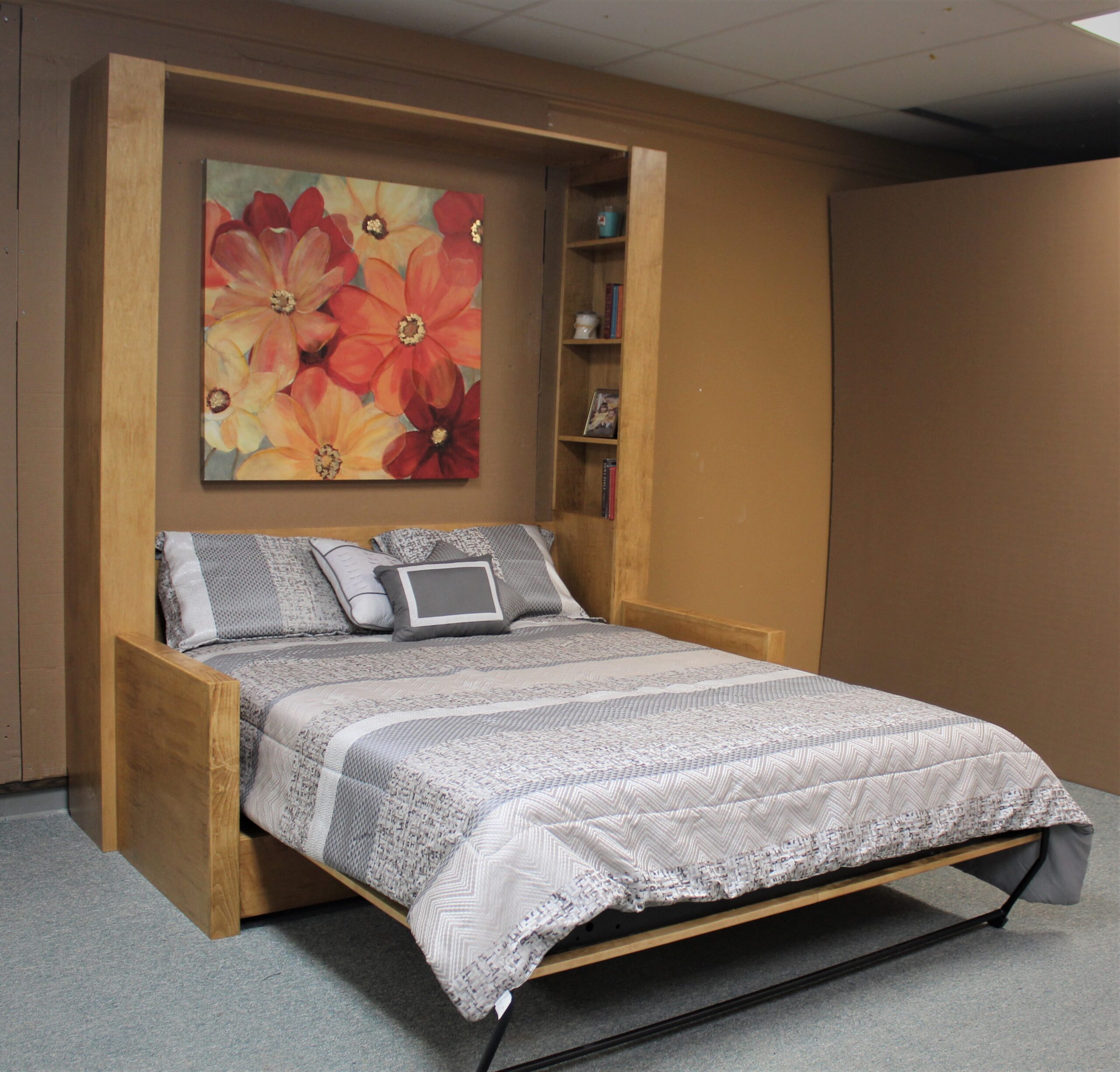 Golden Oak Jordan Murphy Bed with Sofa Side View Shown Open