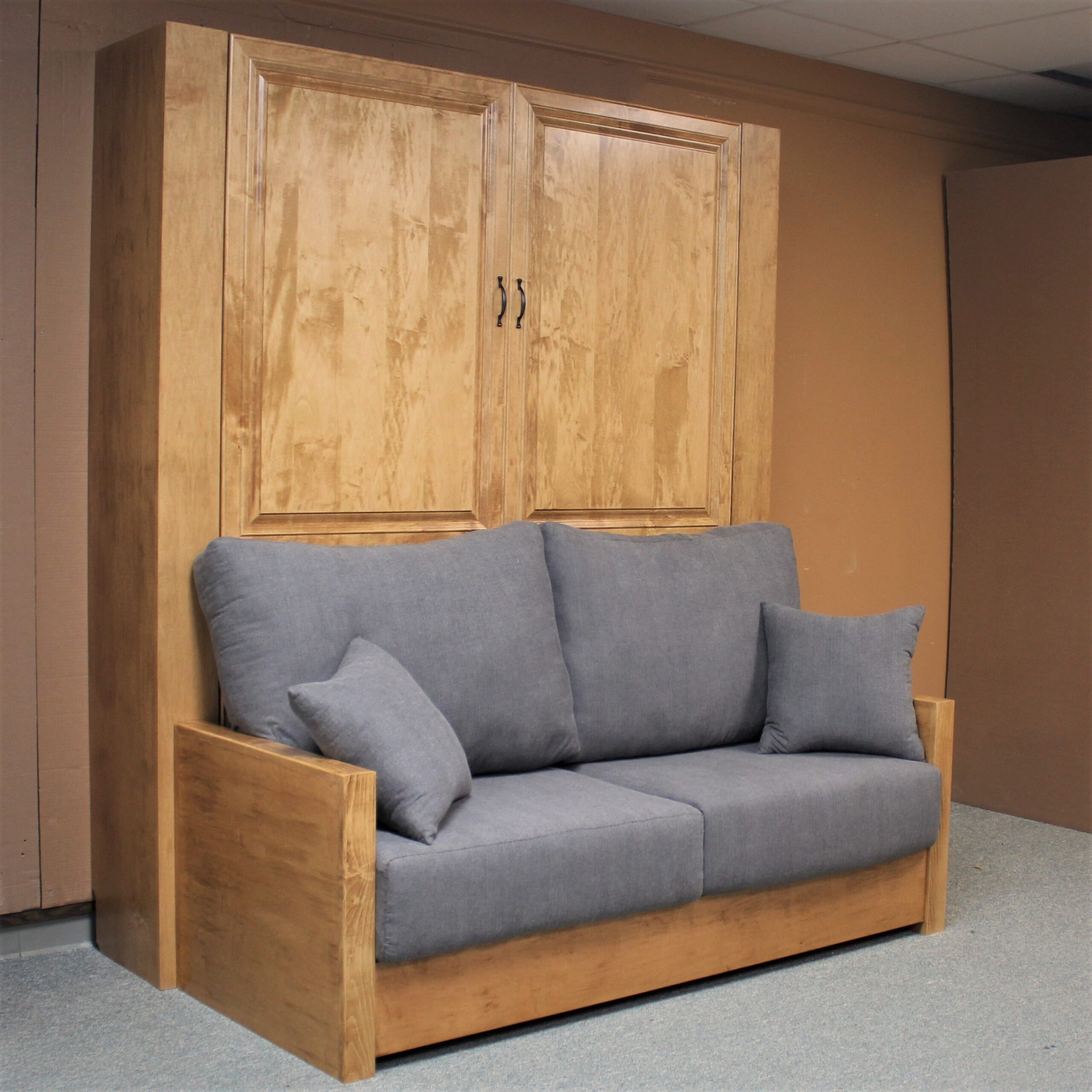 Golden Oak Jordan Murphy Bed with Sofa Shown Closed Side View