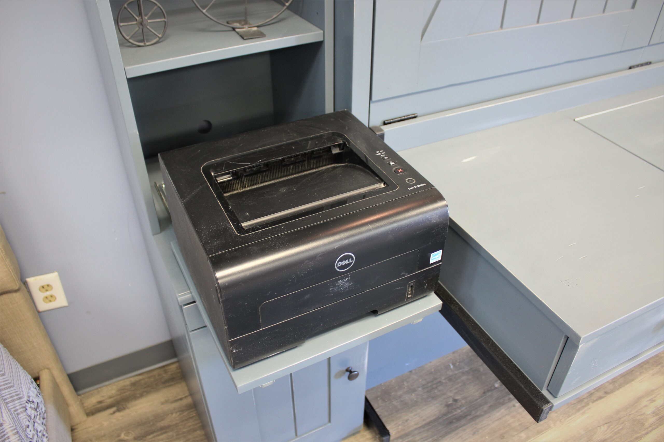 Barn Door Murphy Bed Printer Pullout in Left Bookcase