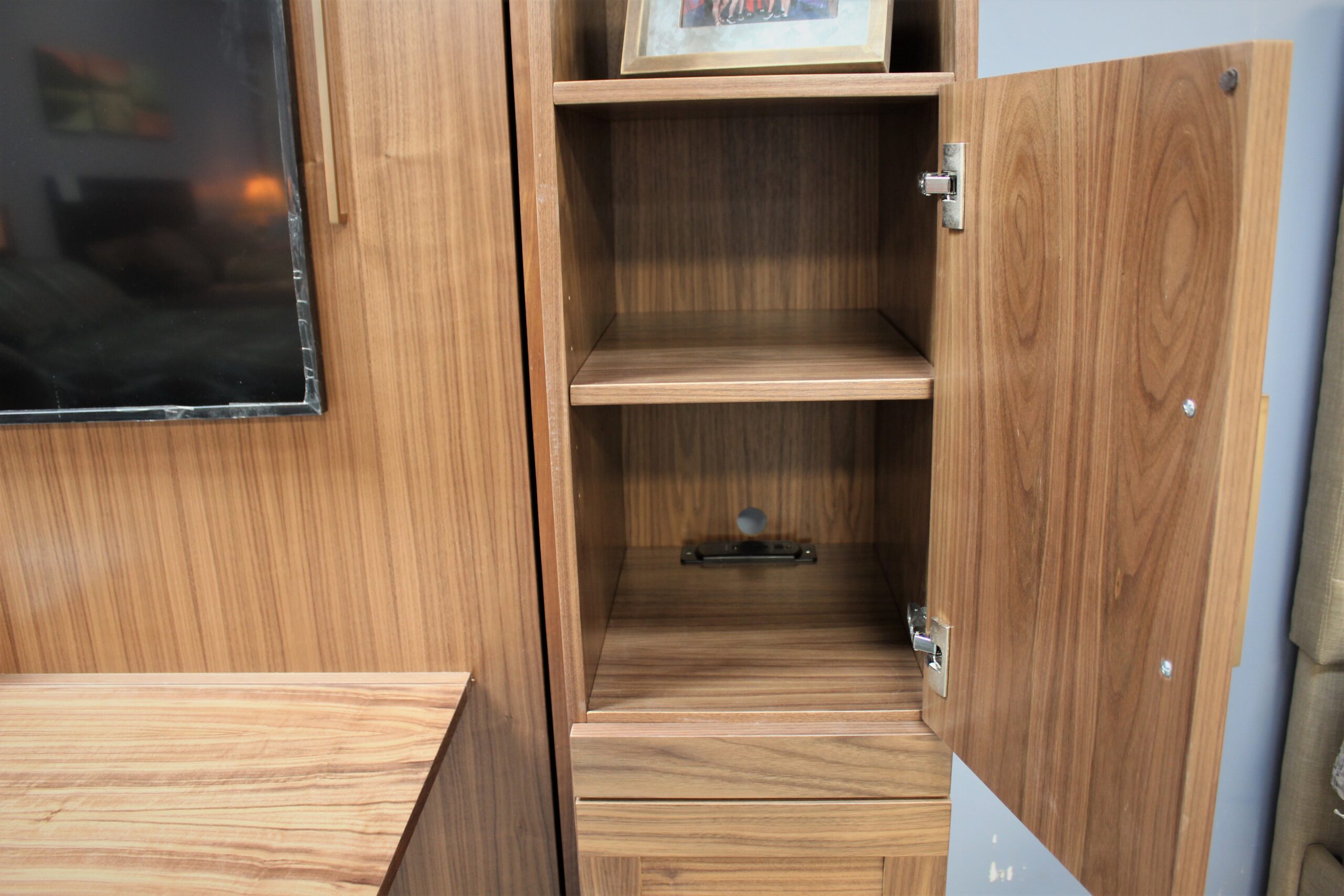 Walnut Manhattan Entertainment Center Bookcase Charging Stations