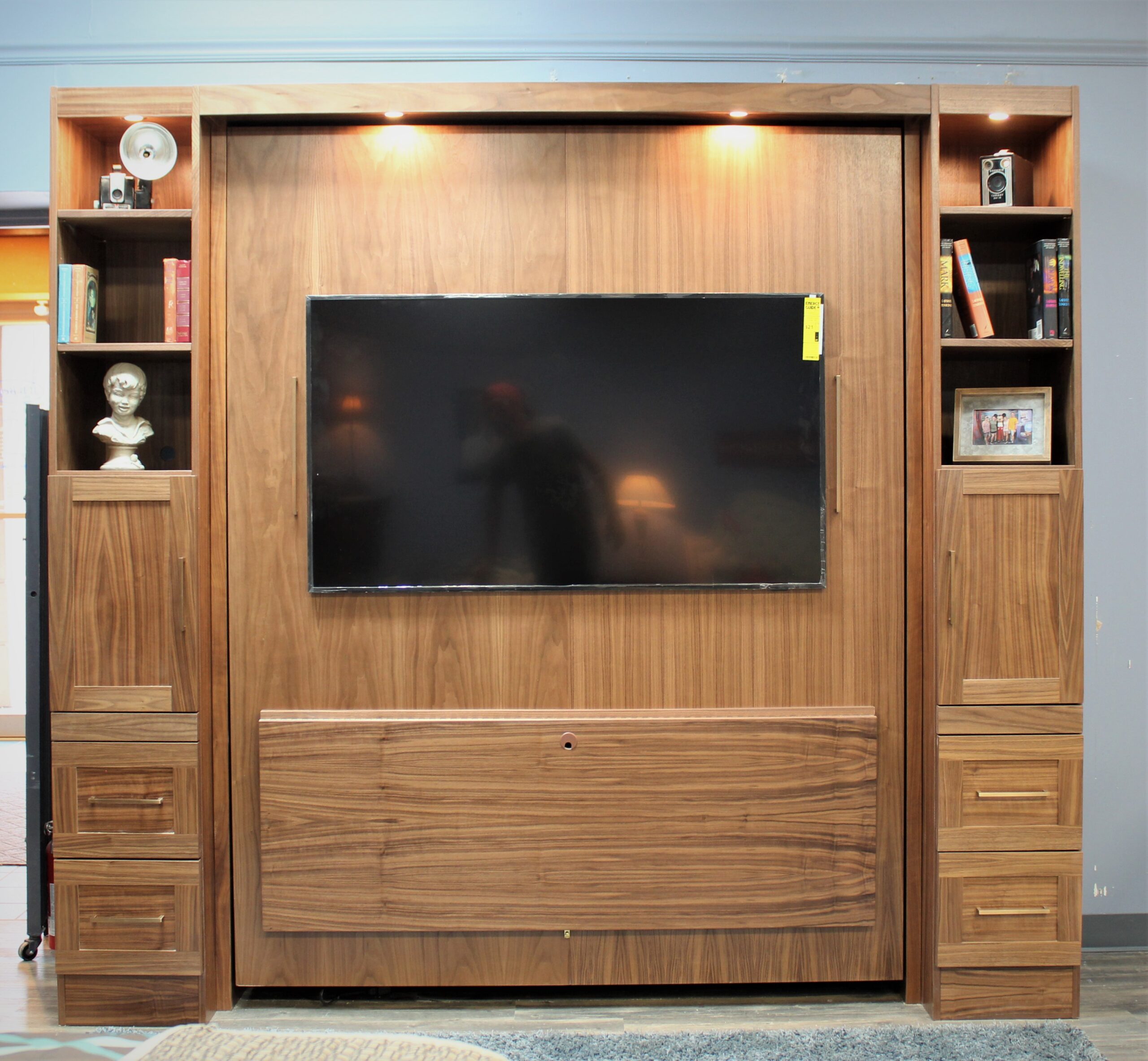 Walnut Manhattan Entertainment Center Front View of Bed Shown Closed