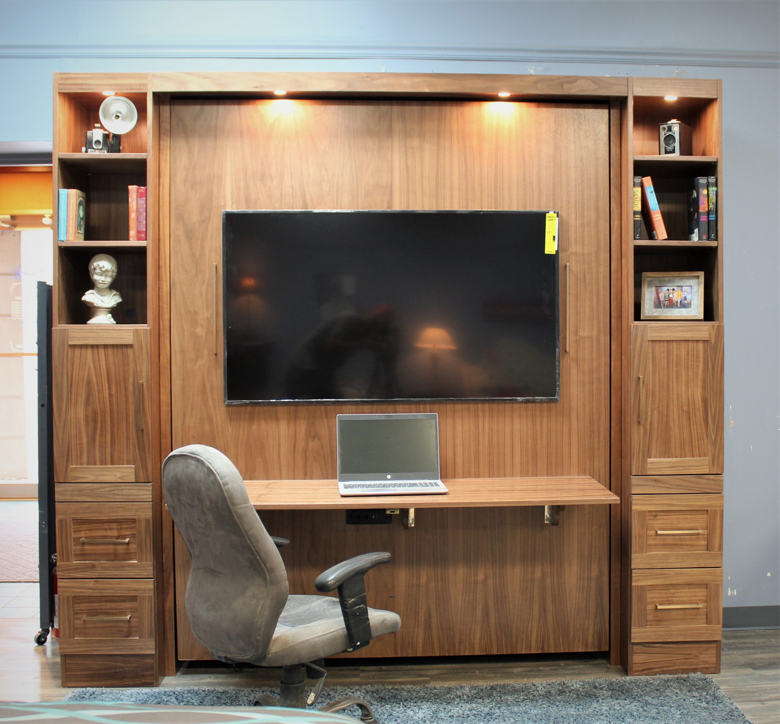 Walnut Manhattan Entertainment Center Front View of Bed Shown Closed and Desk Up