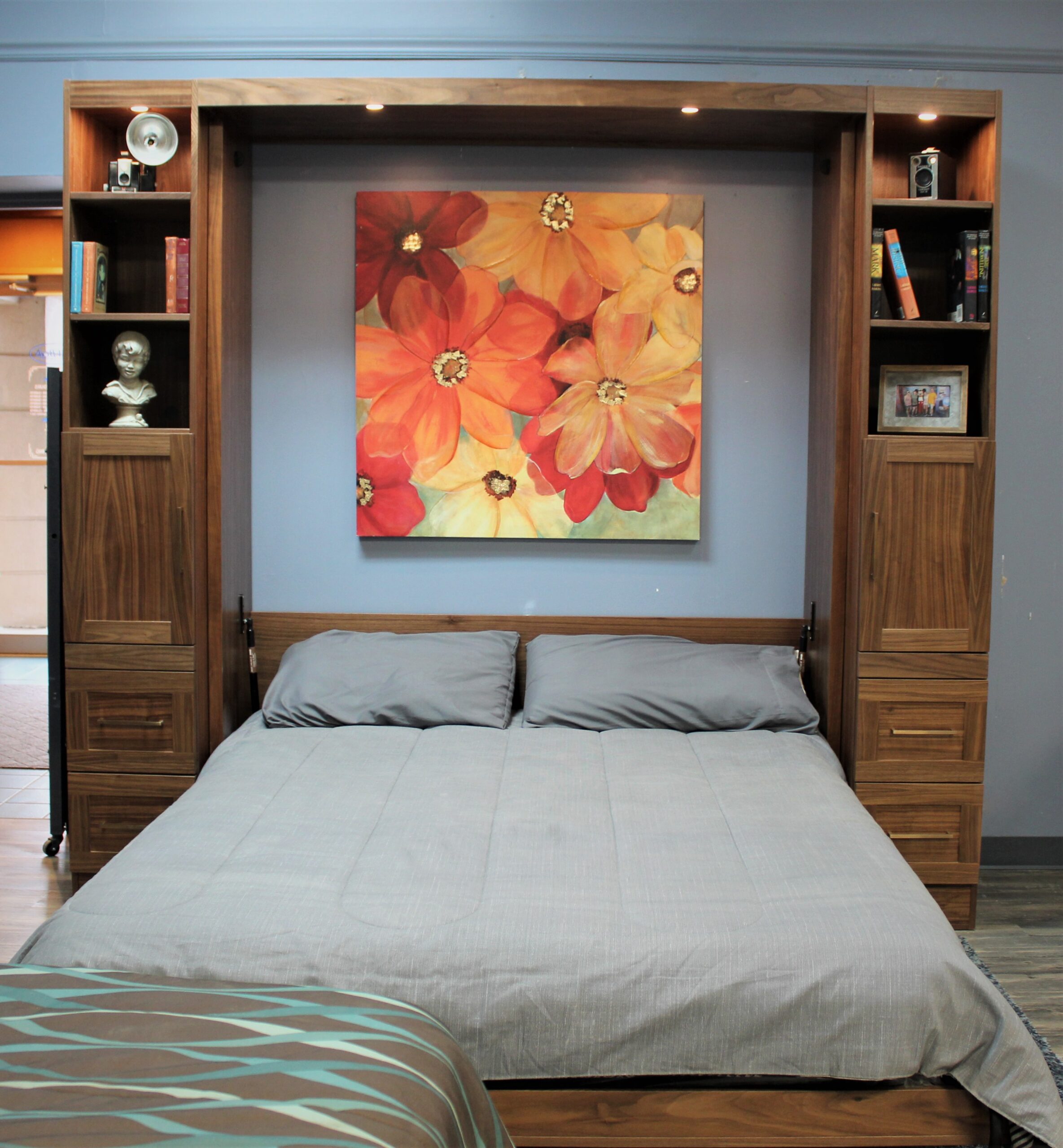 Walnut Manhattan Entertainment Center Front View of Bed Open