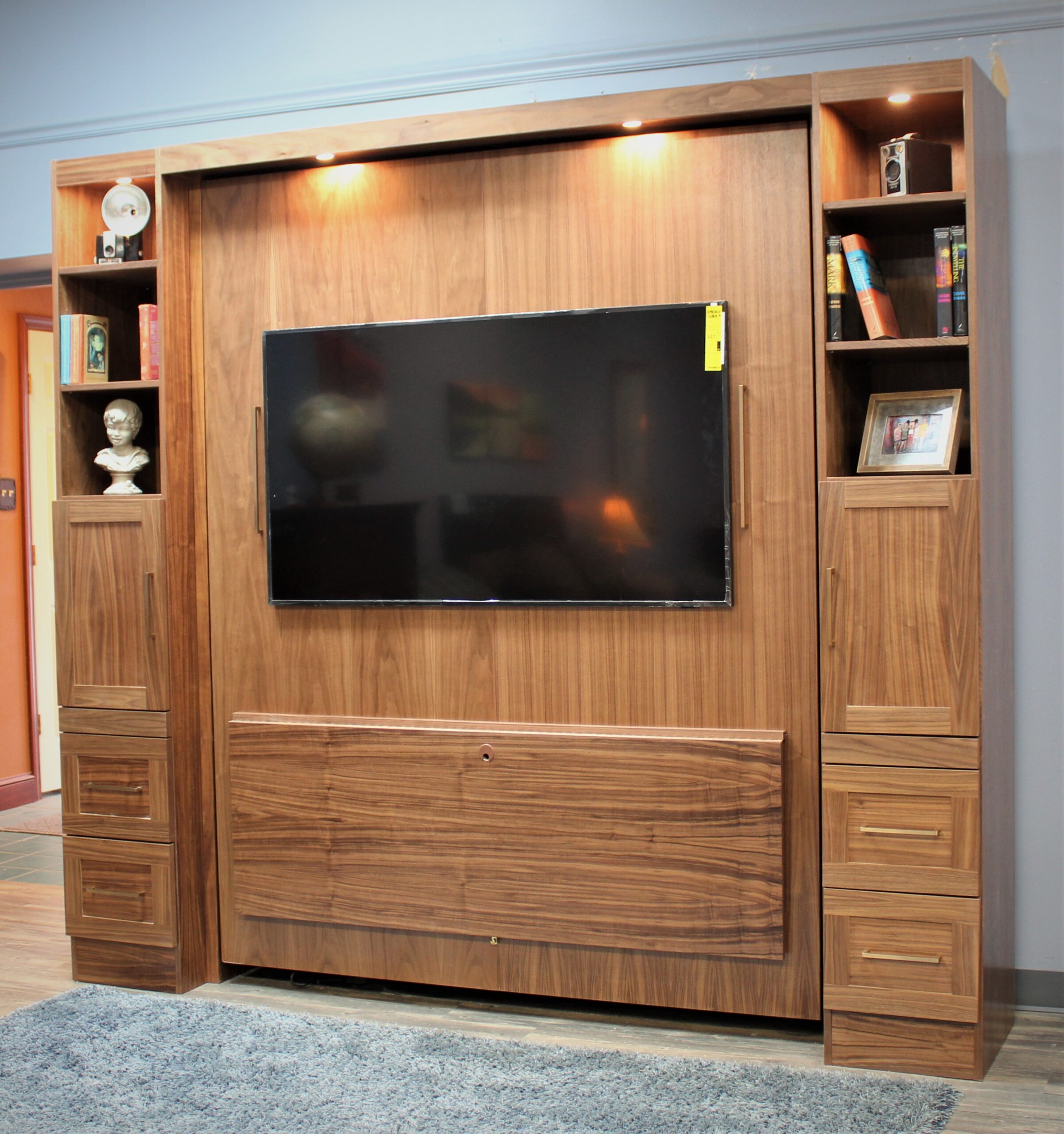 Walnut Manhattan Entertainment Center Side View of Bed Shown Closed