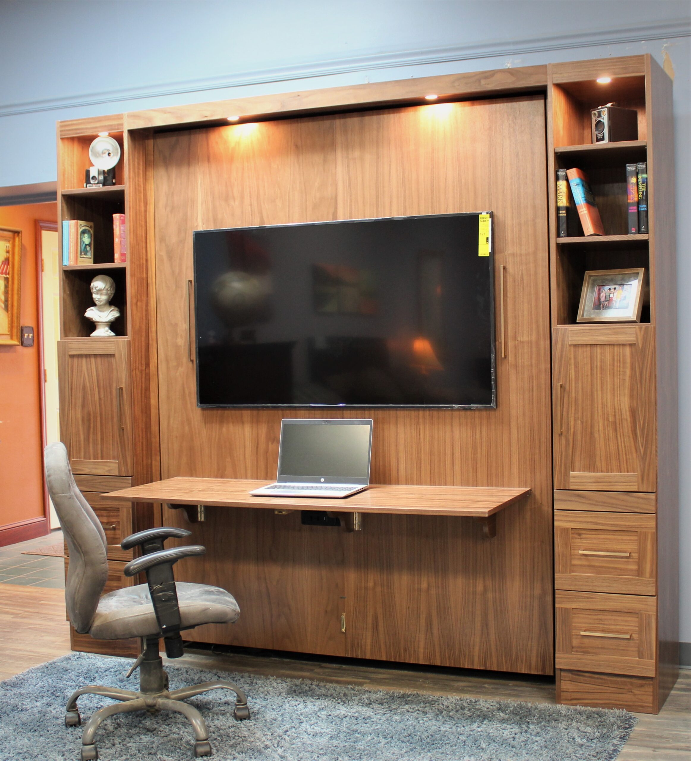 Walnut Manhattan Entertainment Center Side View of Bed Shown Closed with Desk Up
