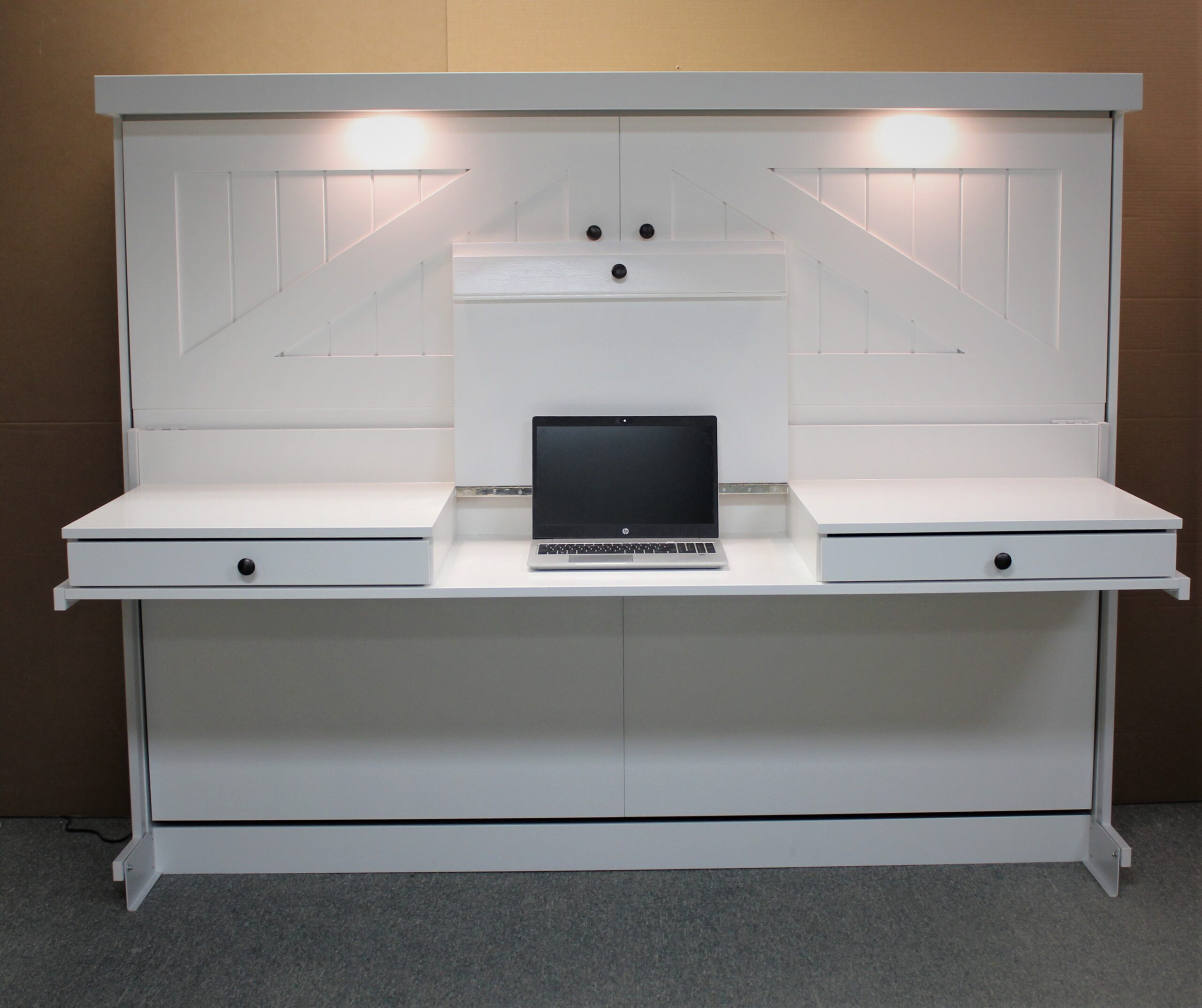 Horizontal Barn Door Murphy Bed Front View of Bed Closed and Vanity Up