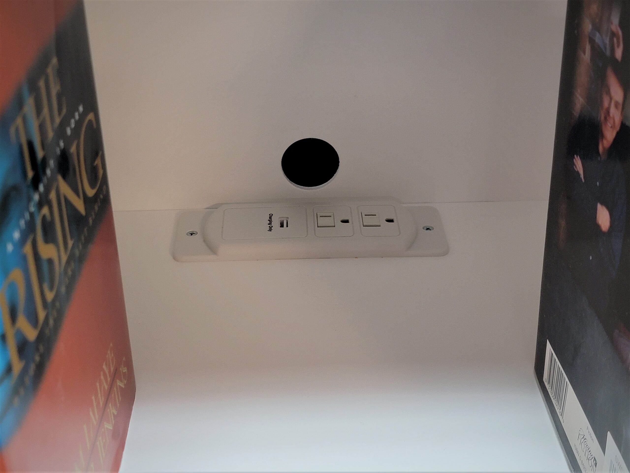 White Lacquer Mirror Murphy Bed Charging Station in Left Bookcase