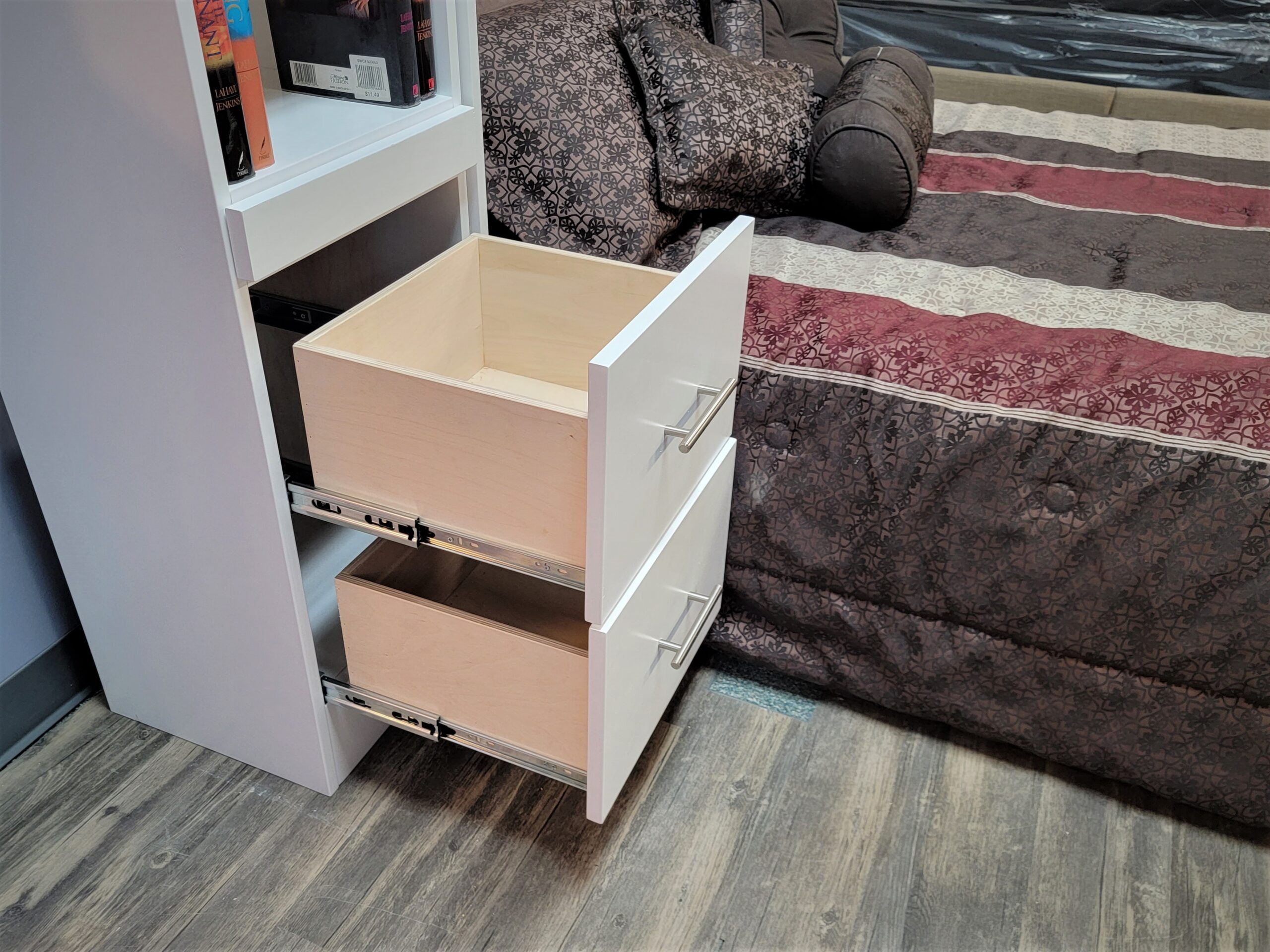 White Lacquer Mirror Murphy Bed Two Standard Drawers in Left Bookcase