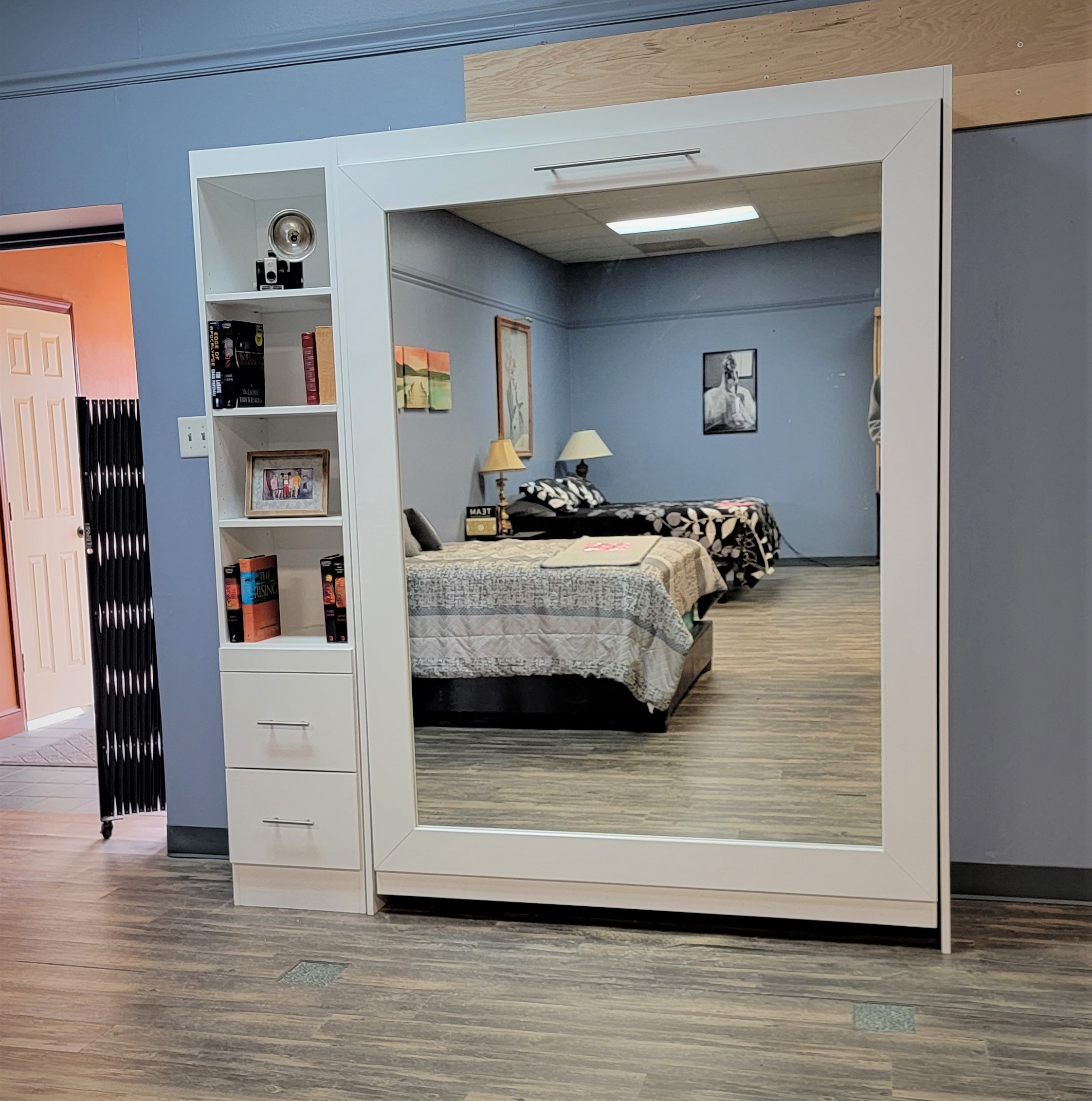 White Lacquer Mirror Murphy Bed Front View of Murphy Bed Shown Closed