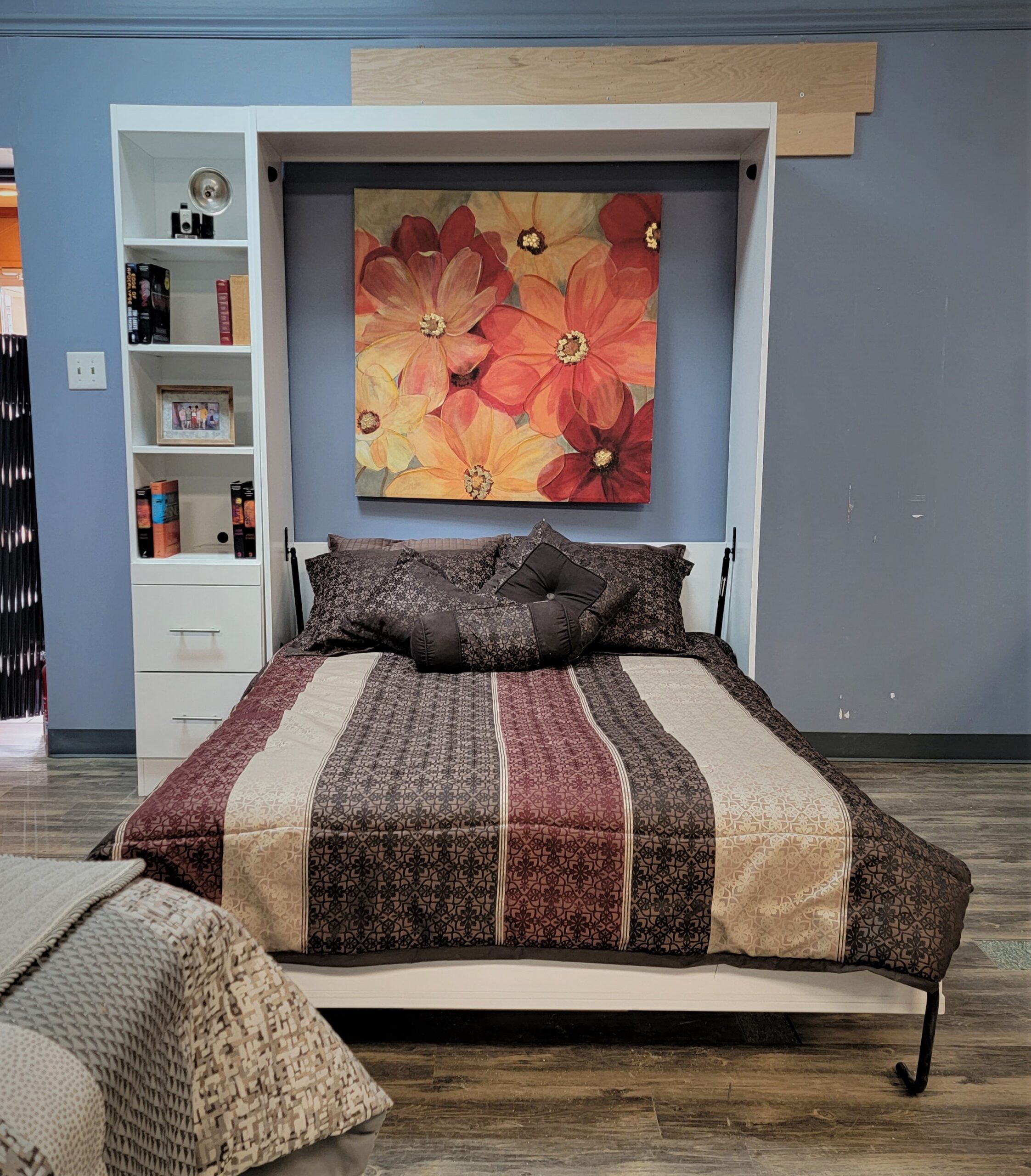 White Lacquer Mirror Murphy Bed Front View of Murphy Bed Shown Open