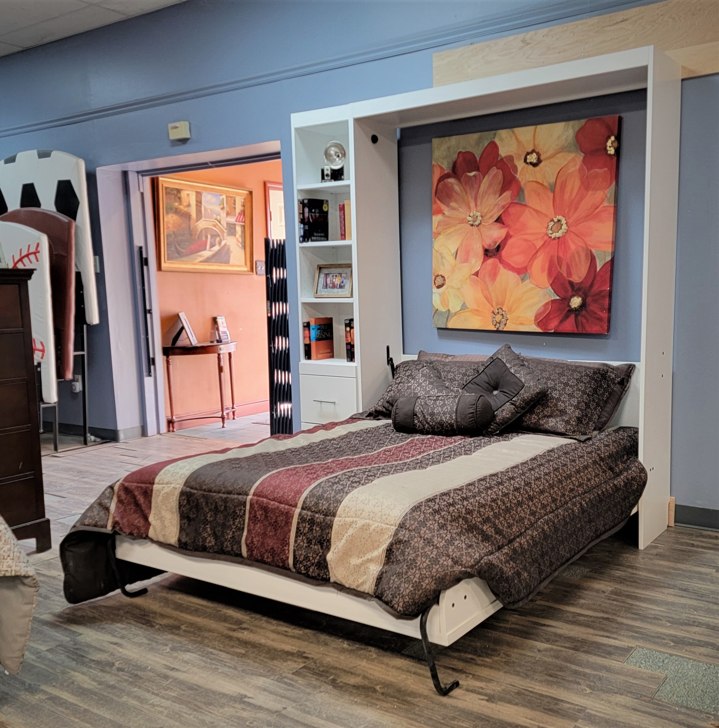 White Lacquer Mirror Murphy Bed Side View of Bed Shown Open