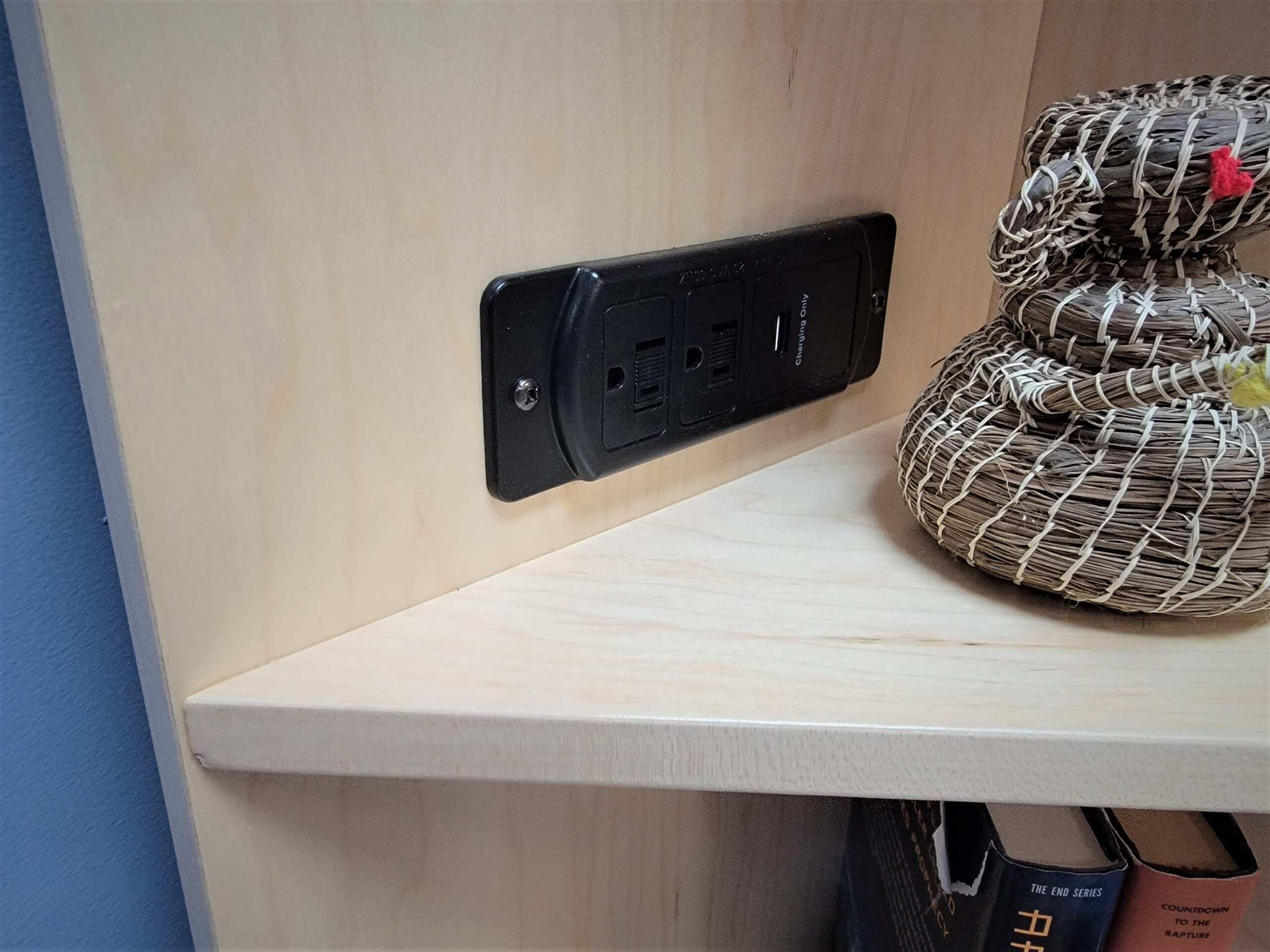 Natural Maple Vertical Entertainment Center Murphy Bed Charging Station in Left Bookcase