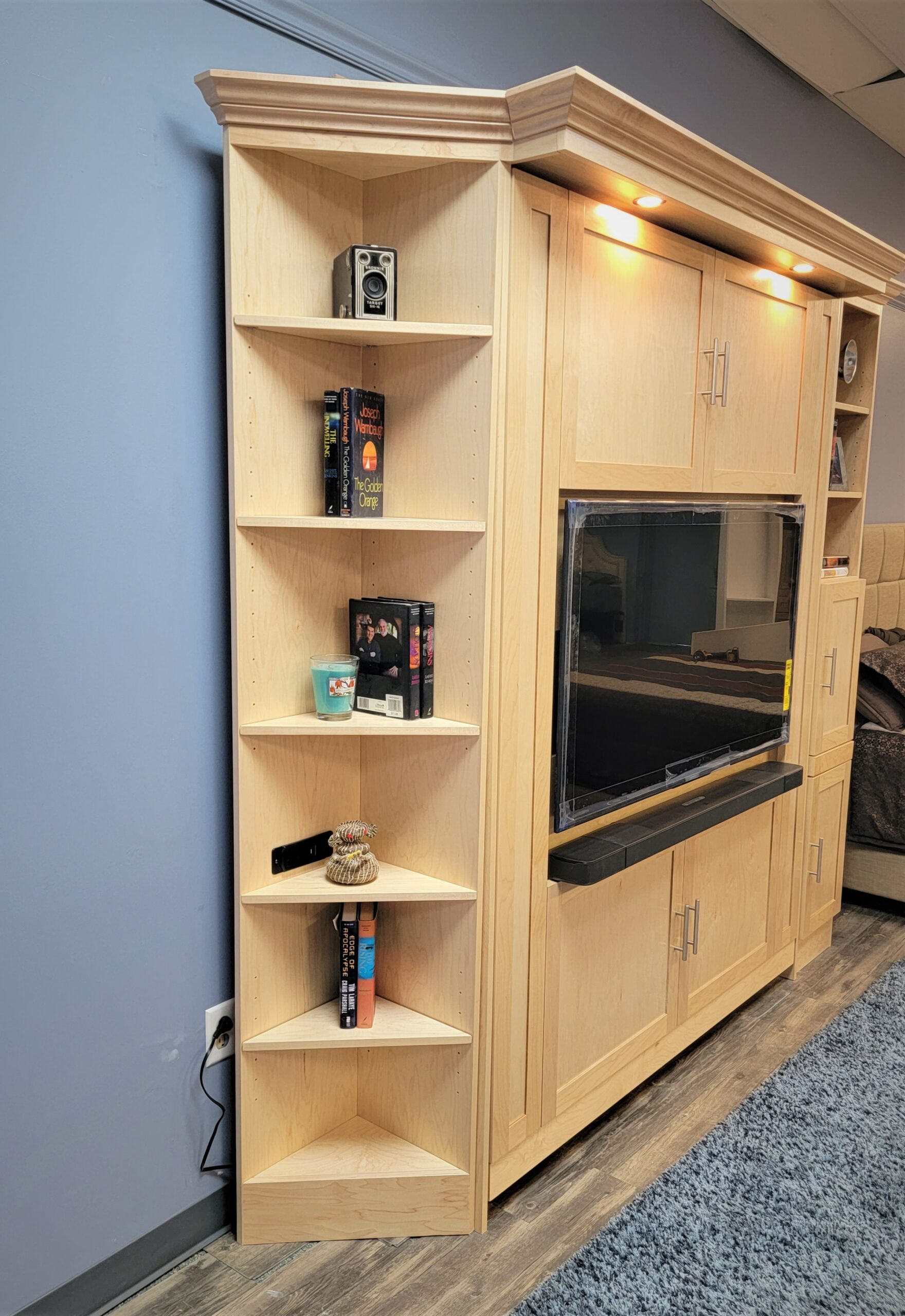 Natural Maple Vertical Entertainment Center Murphy Bed Corner Bookcase on Left Side
