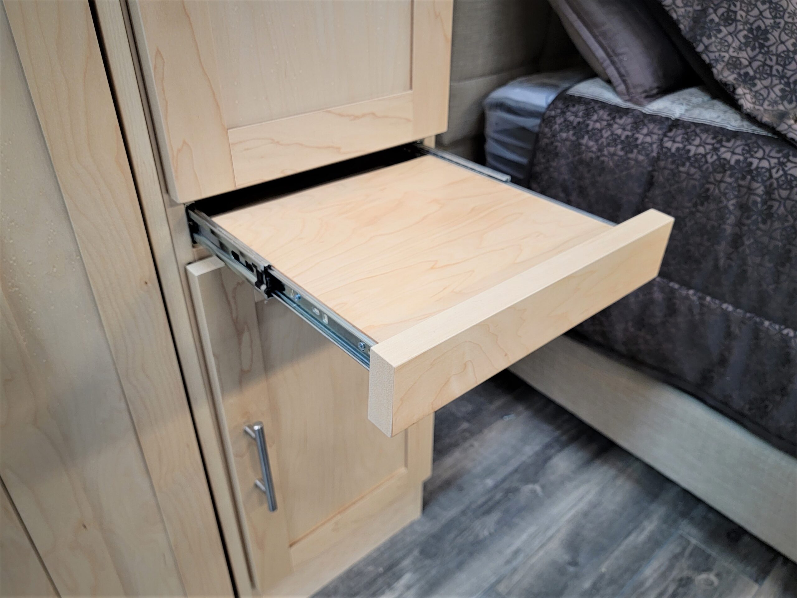 Natural Maple Vertical Entertainment Center Murphy Bed Pullout Drink Tray