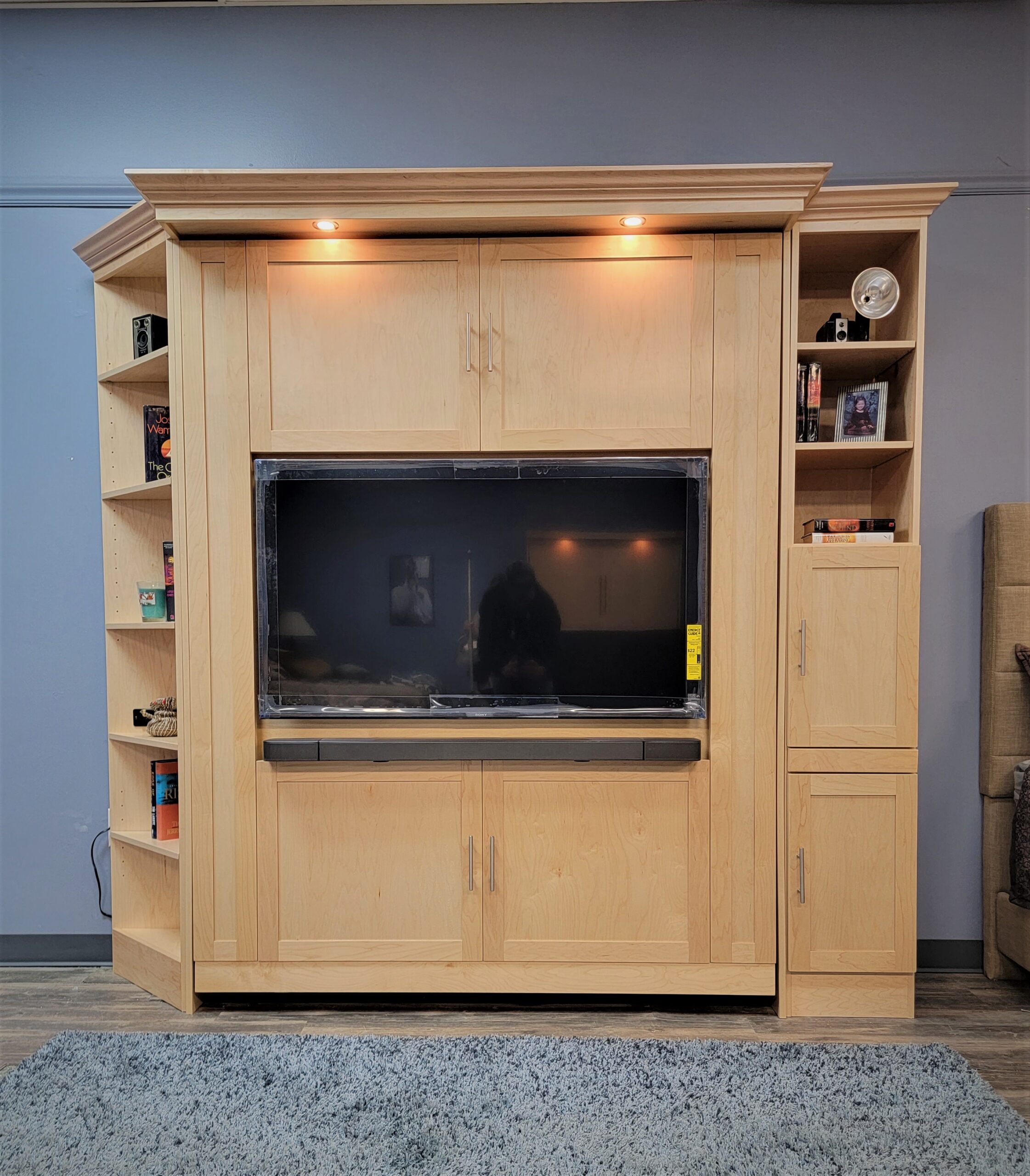 Natural Maple Vertical Entertainment Center Murphy Bed Front View of Murphy Bed Shown Closed