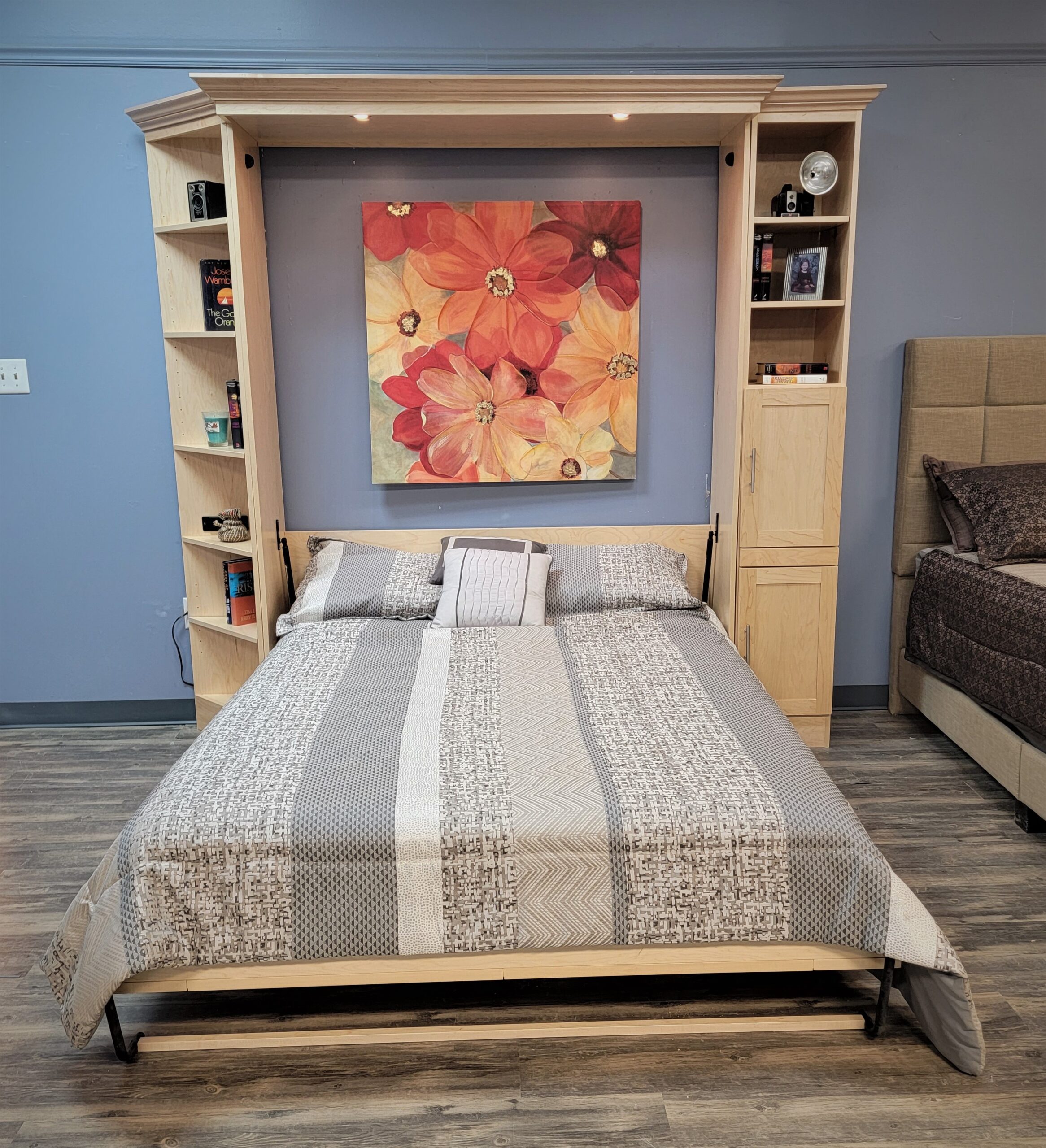 Natural Maple Vertical Entertainment Center Murphy Bed Front View of Murphy Bed Shown Open