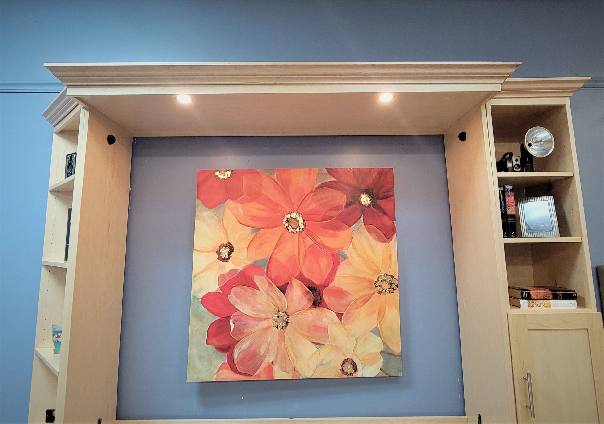 Natural Maple Vertical Entertainment Center Murphy Bed LED Outset Murphy Bed Lights