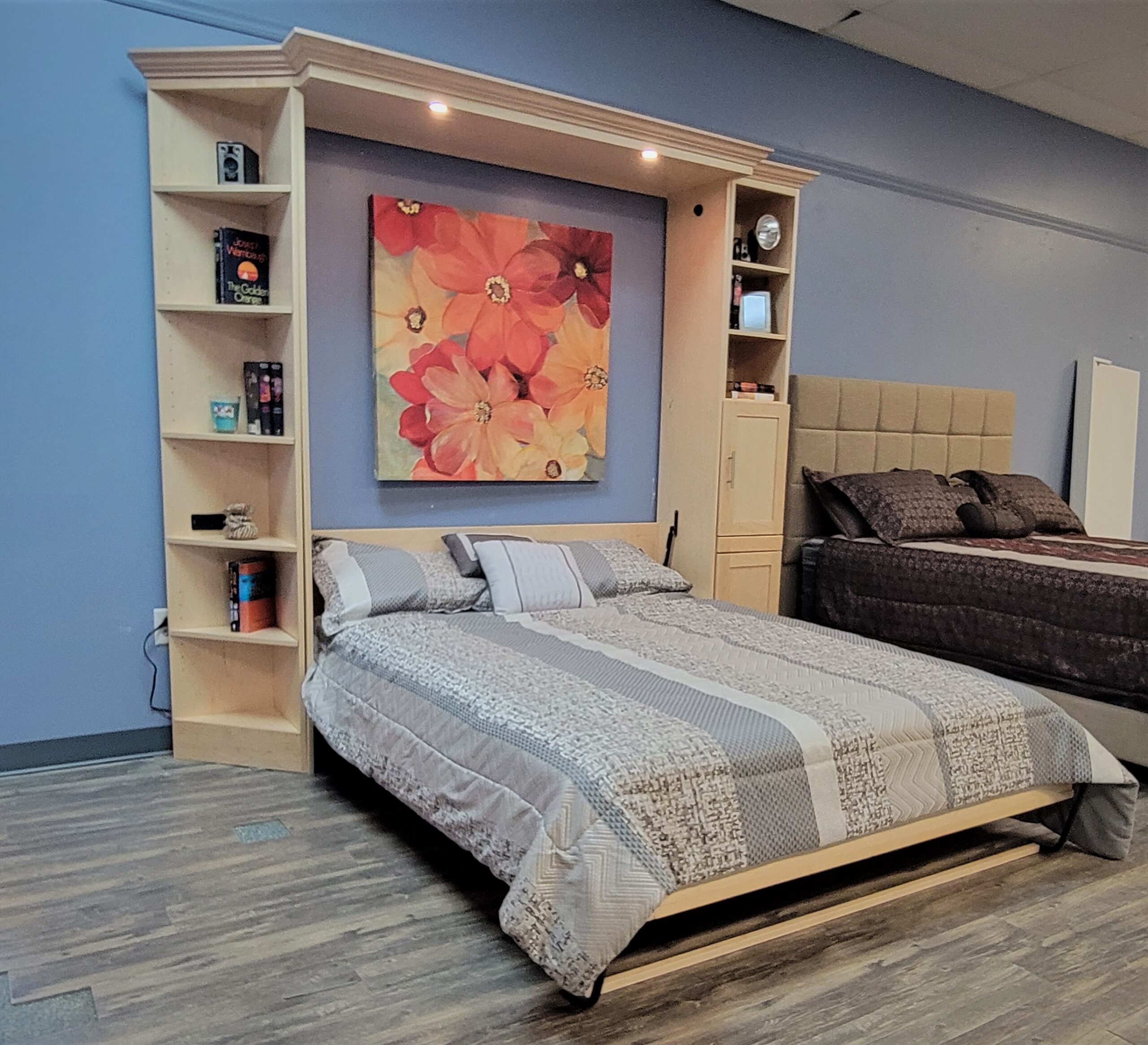 Natural Maple Vertical Entertainment Center Murphy Bed Side View of Murphy Bed Shown Open