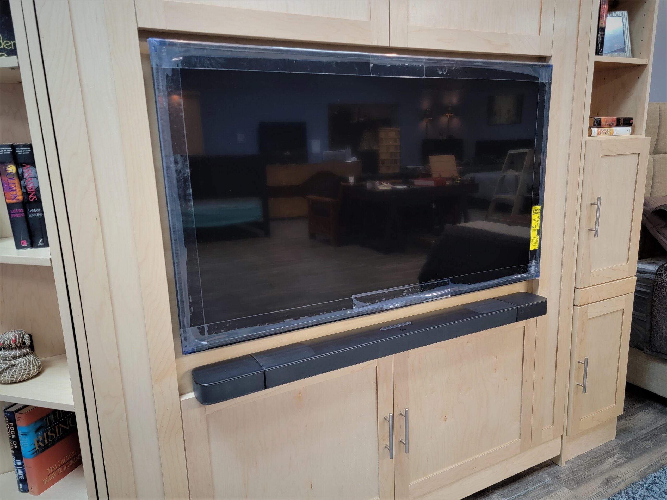 Natural Maple Vertical Entertainment Center Murphy Bed Close-up of TV