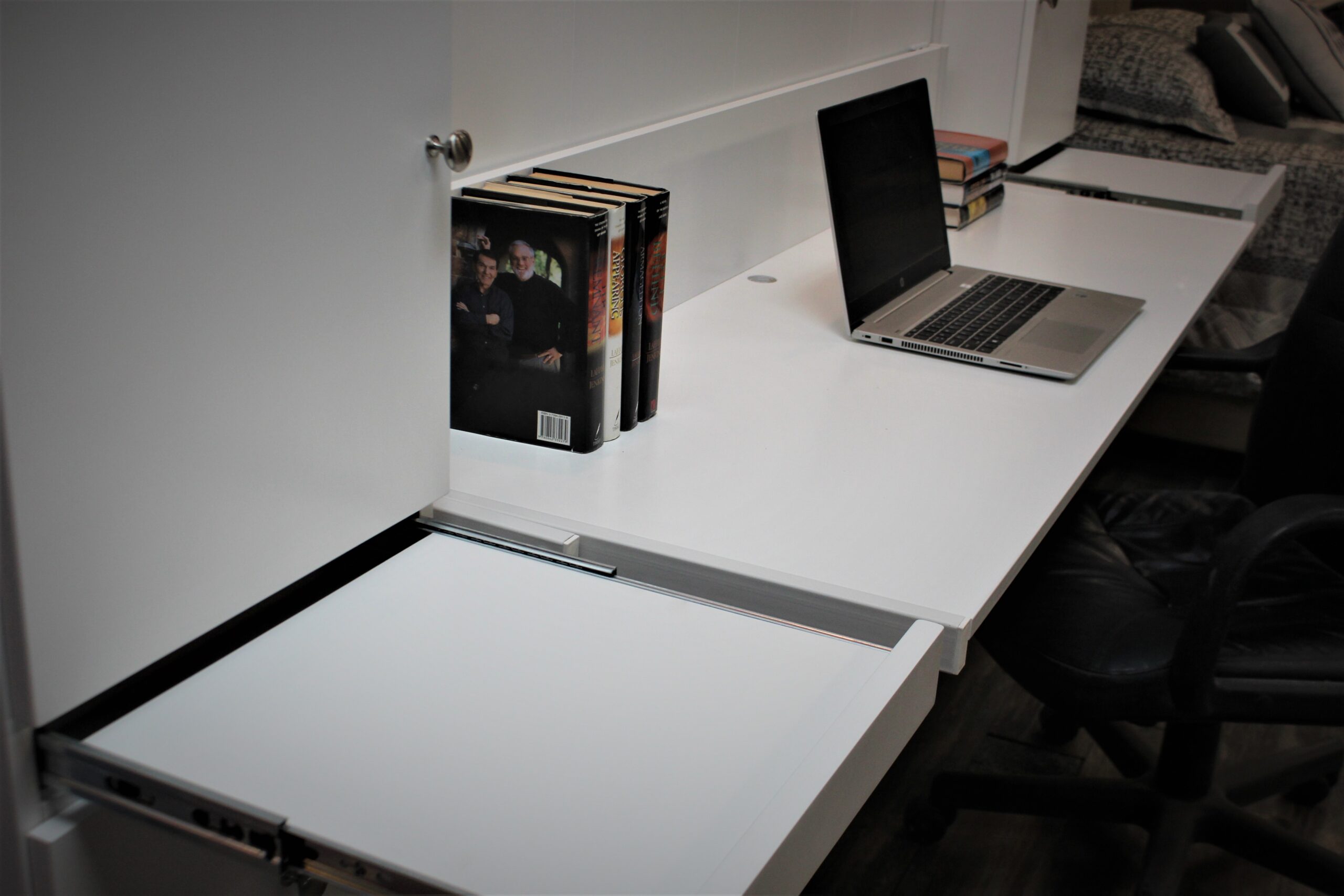 Alpine Murphy Bed Close-up of Stay Level Desk and Pull Out Drink Tray