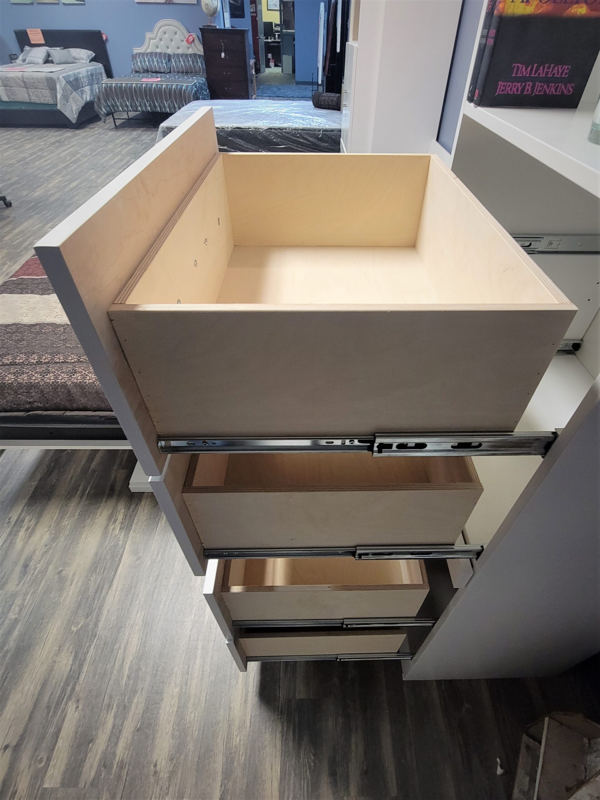 White Lacquer Alpine Murphy Bed Standard Drawers in Right Bookcase