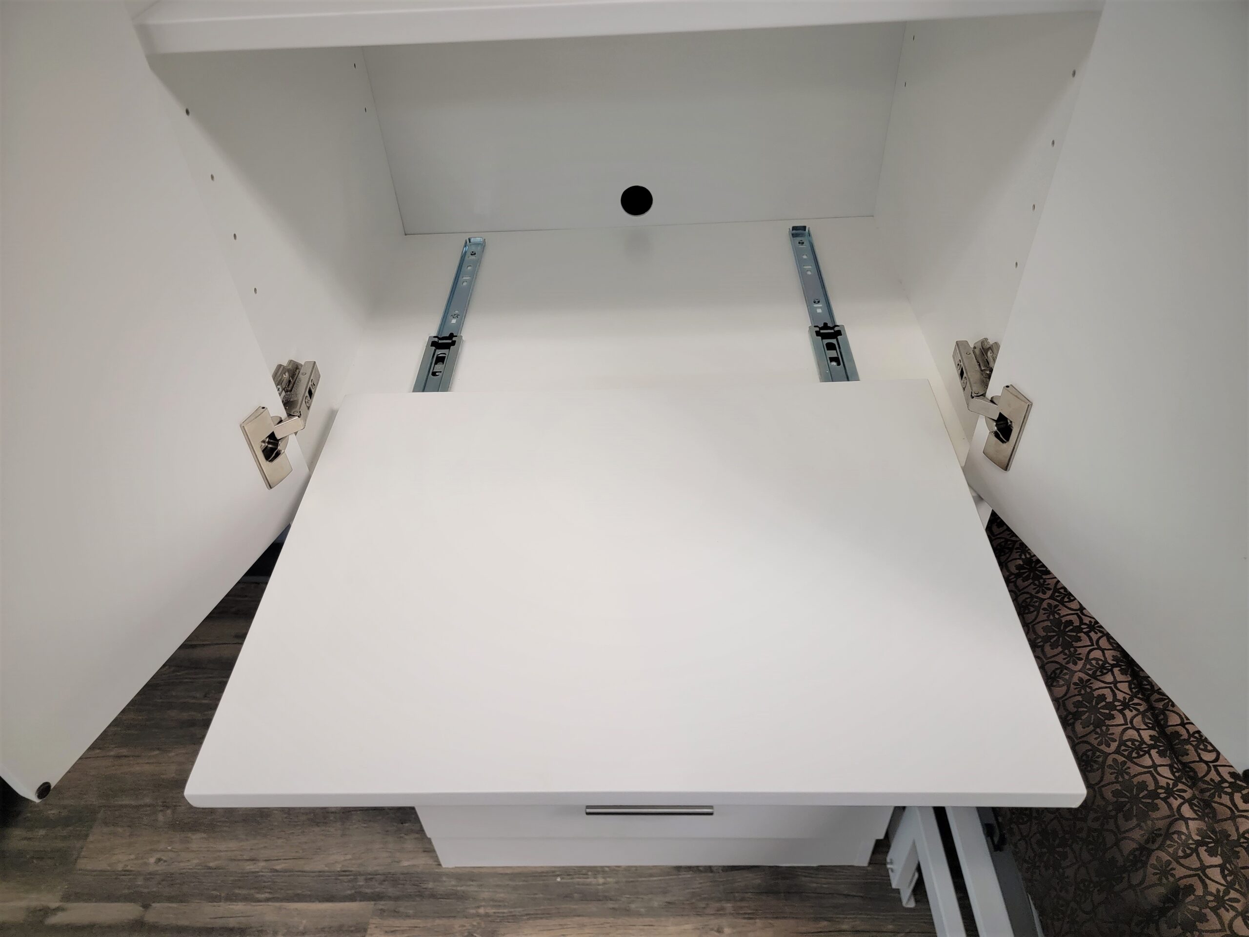 White Lacquer Alpine Murphy Bed Printer Pullout in Left Bookcase