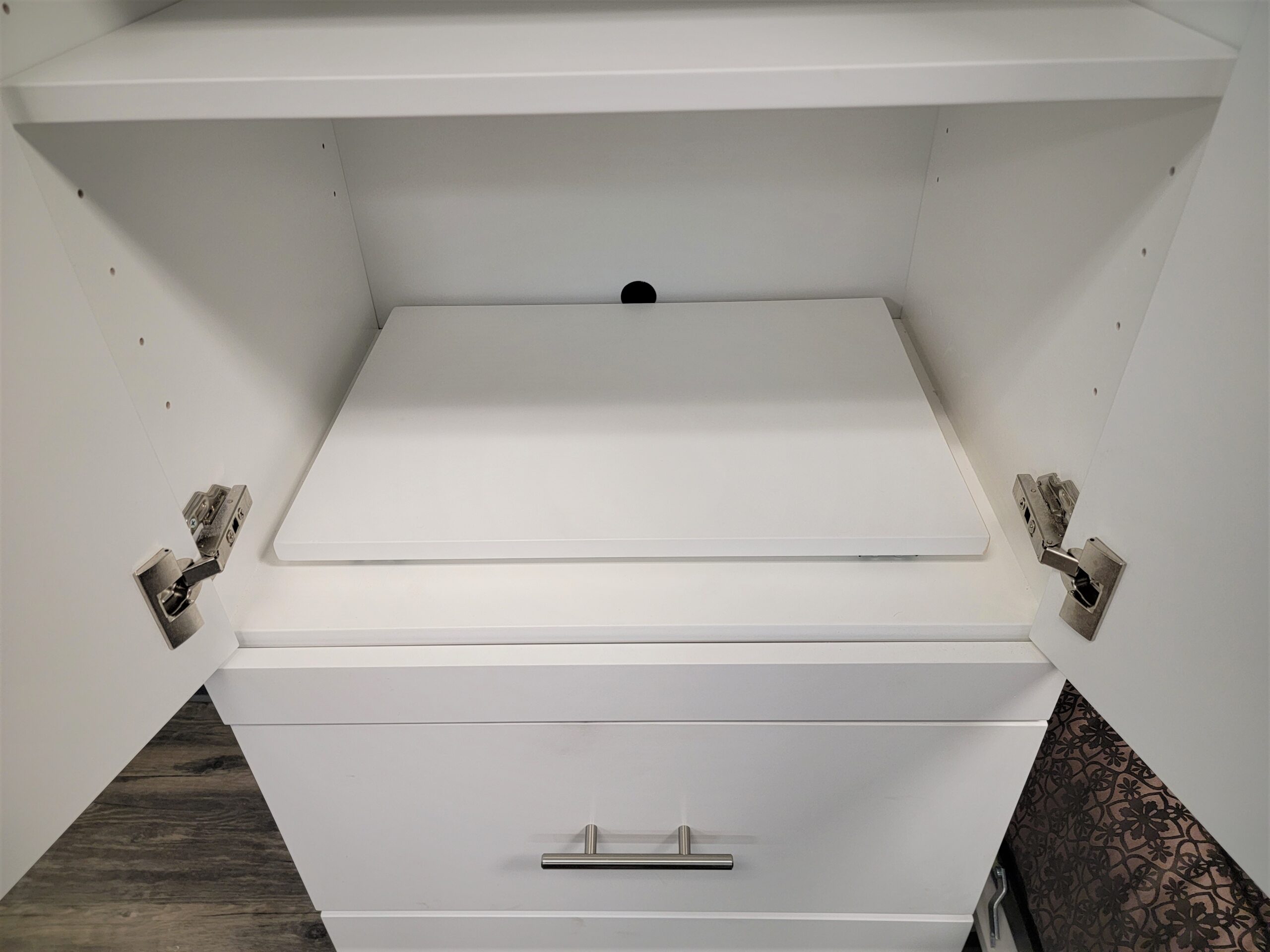 White Lacquer Alpine Murphy Bed Printer Pullout in Left Bookcase Shown Pushed In