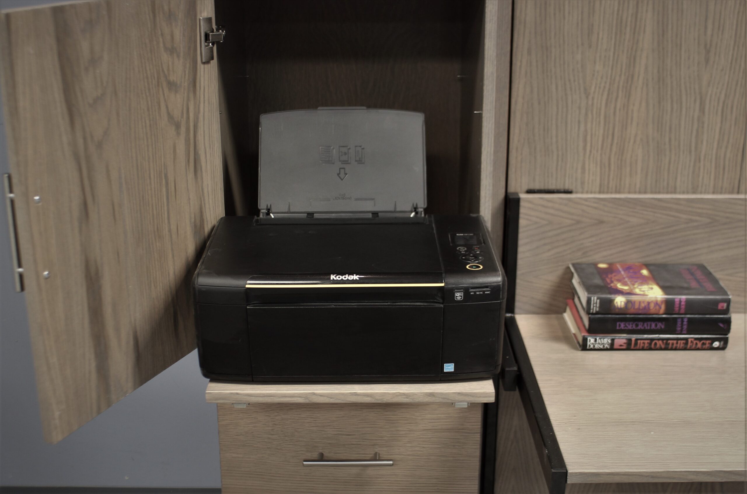 Alpine Murphy Bed Printer Pullout in Left Bookcase