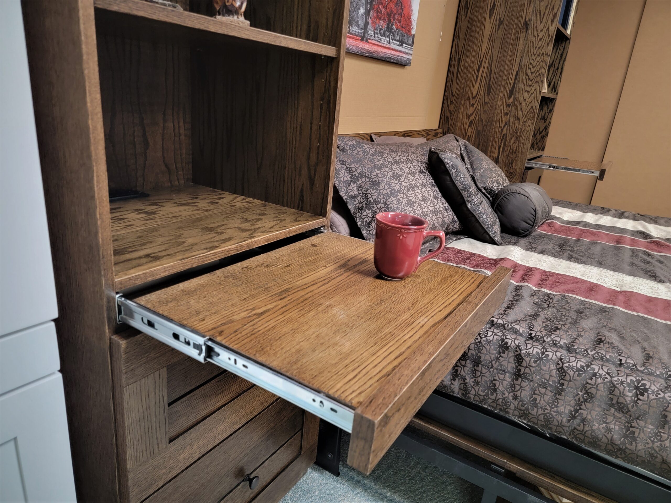 Dark Walnut on Oak Barn Door Murphy Bed Pullout Drink Tray