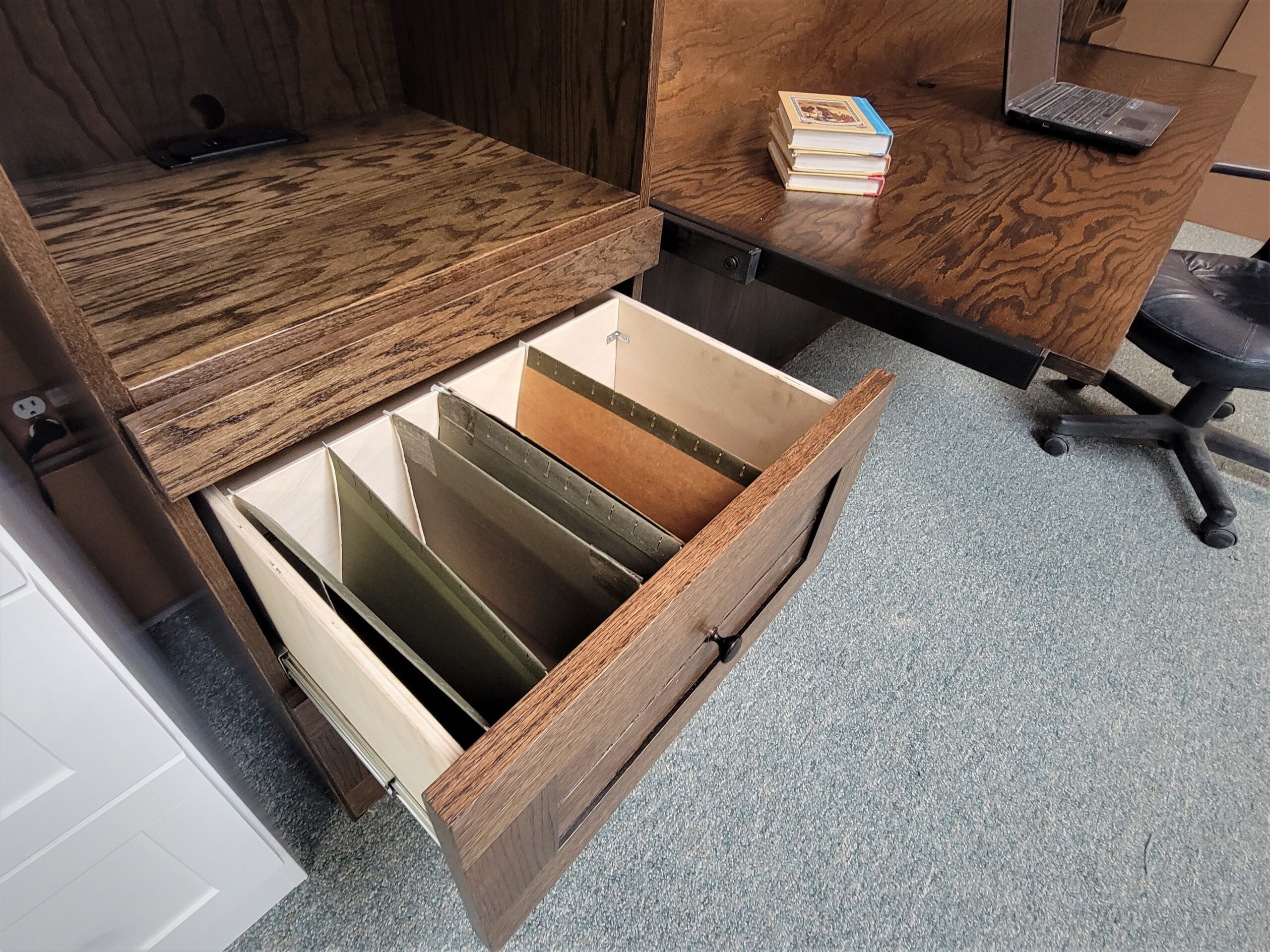 Dark Walnut on Oak Barn Door Murphy Bed File Drawers in Both Bookcases