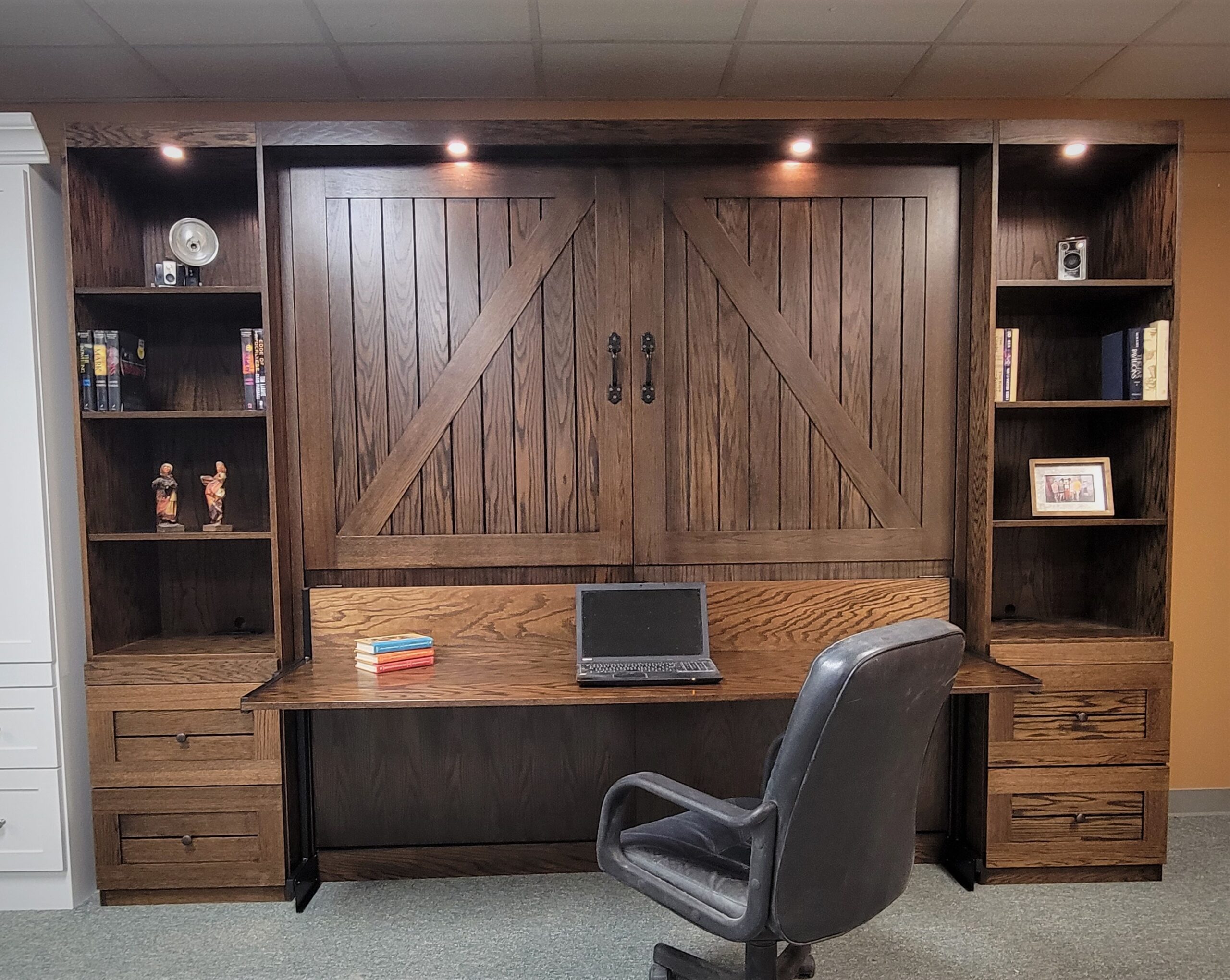 Dark Walnut on Oak Barn Door Murphy Bed Front View of Bed Shown Closed
