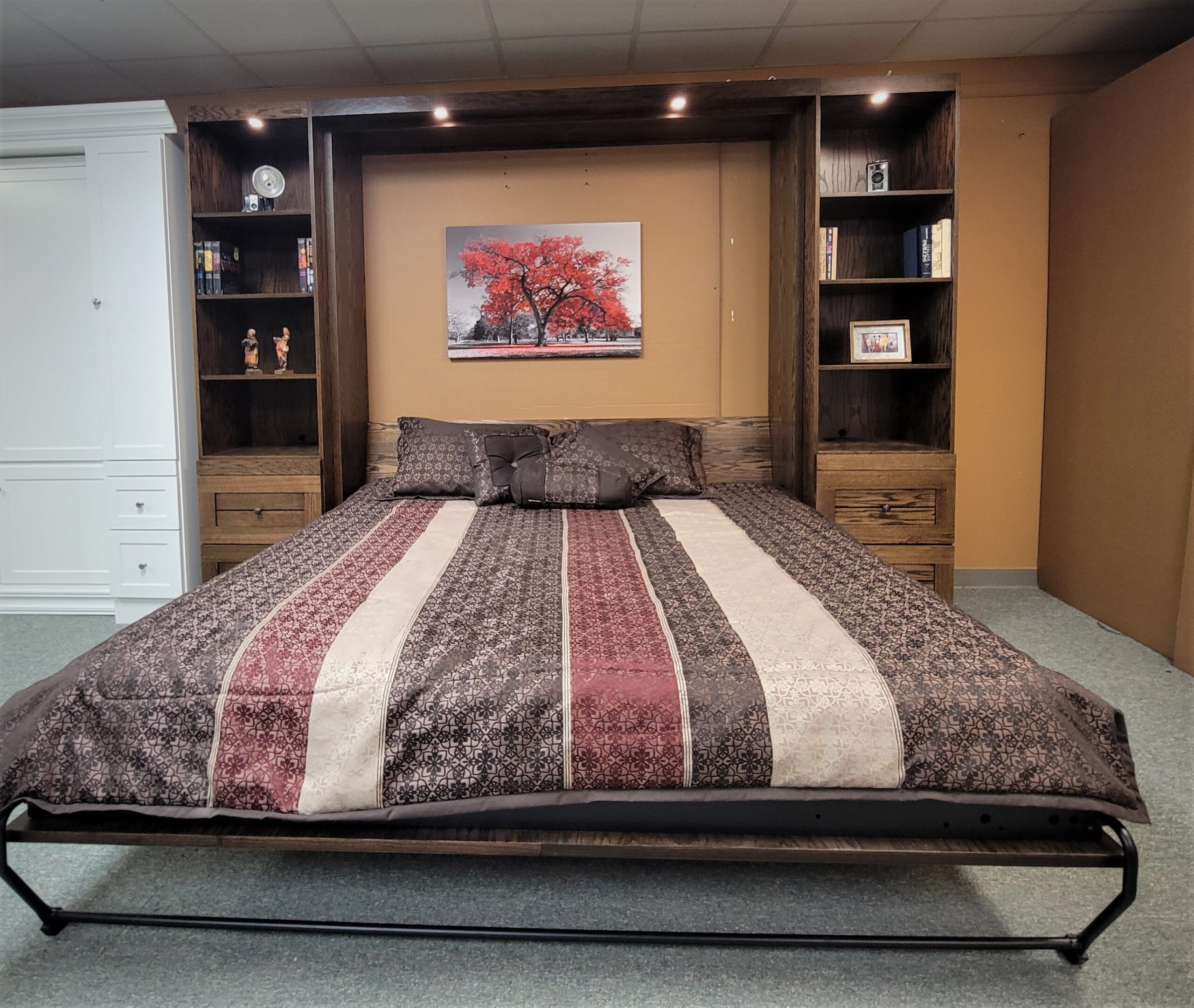 Dark Walnut on Oak Barn Door Murphy Bed Front View of Bed Shown Open