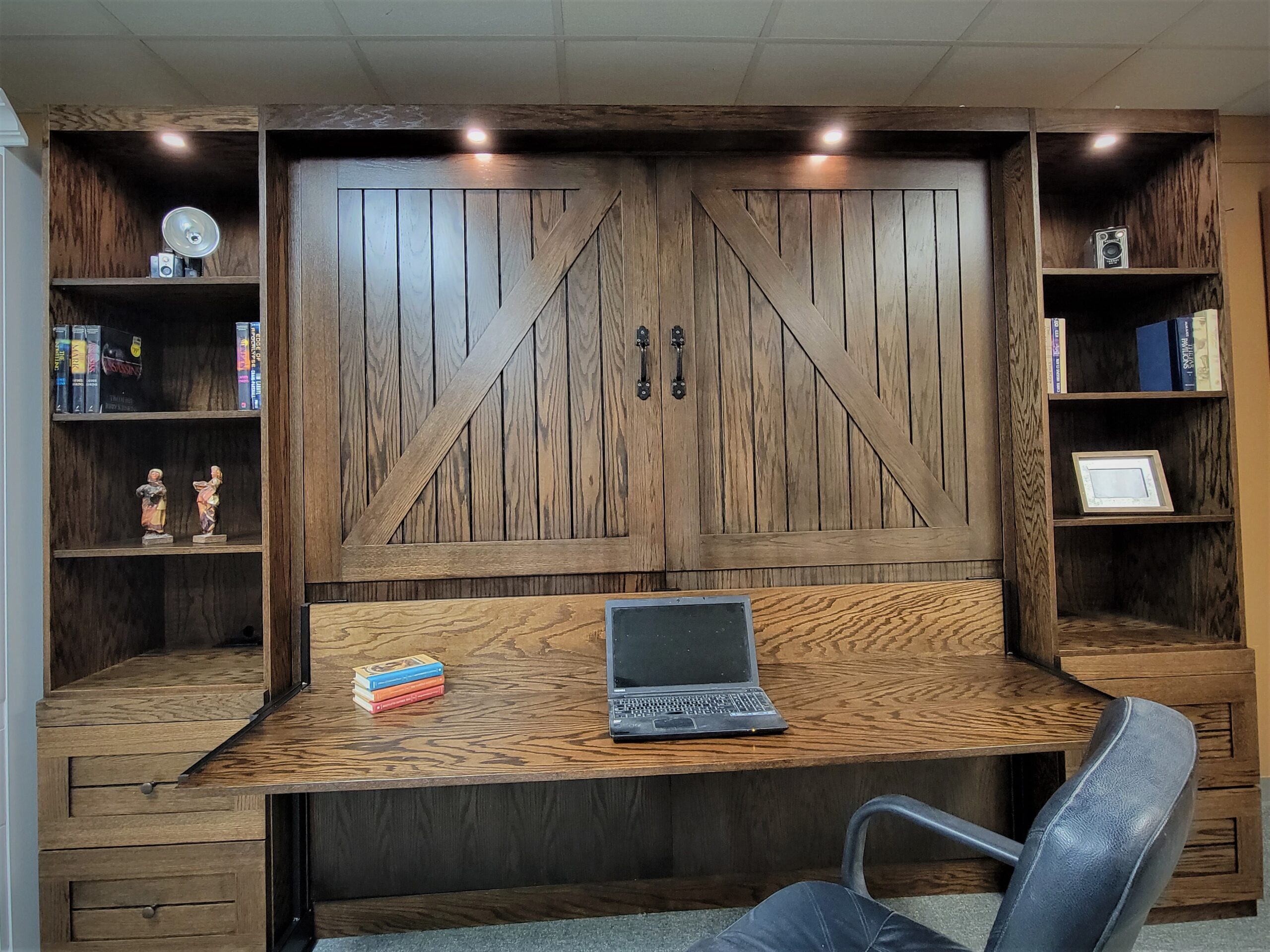 Dark Walnut on Oak Barn Door Murphy Bed LED Outset Lighting and Face Panels