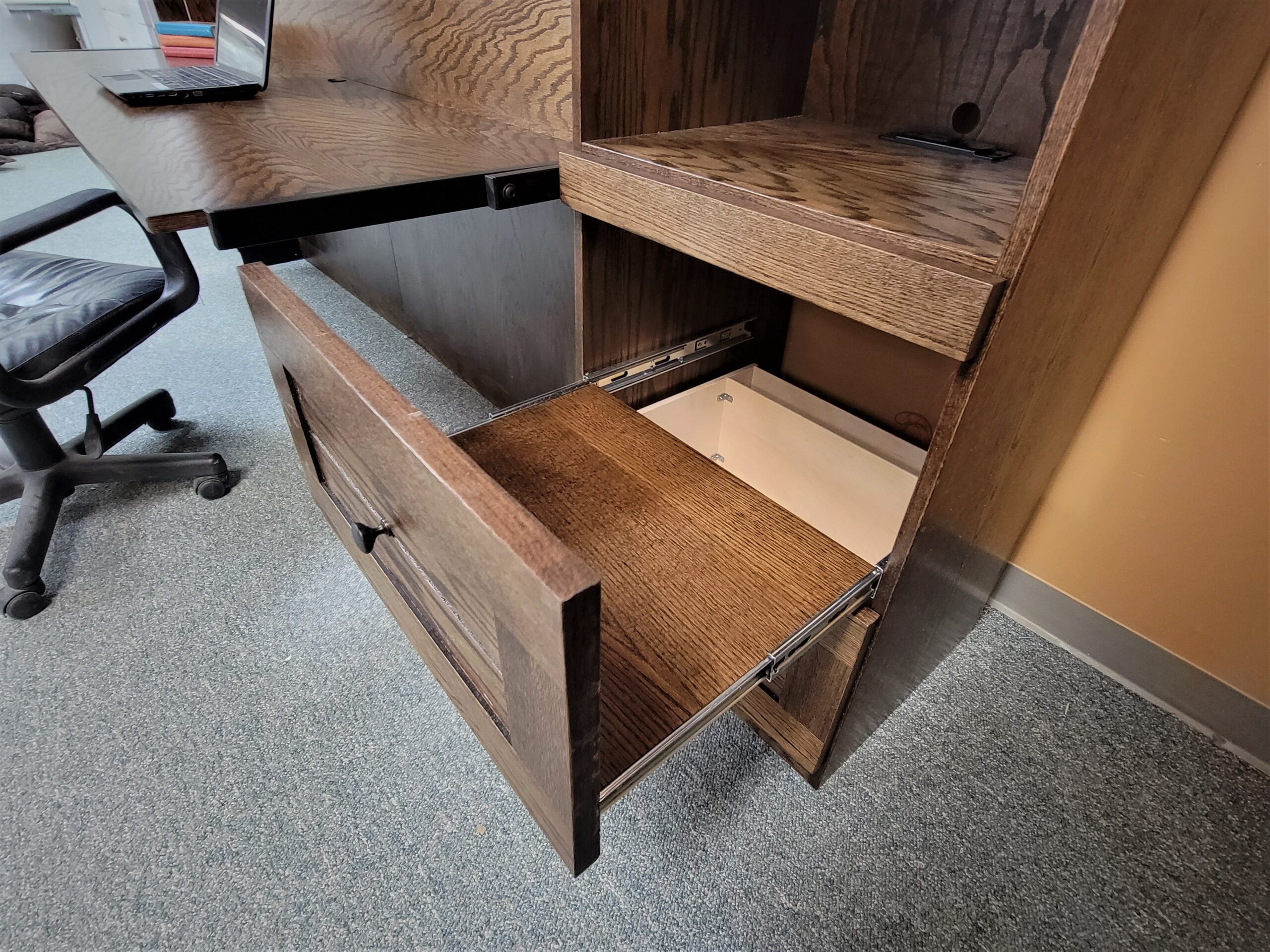 Dark Walnut on Oak Barn Door Murphy Bed Custom Printer Cabinet
