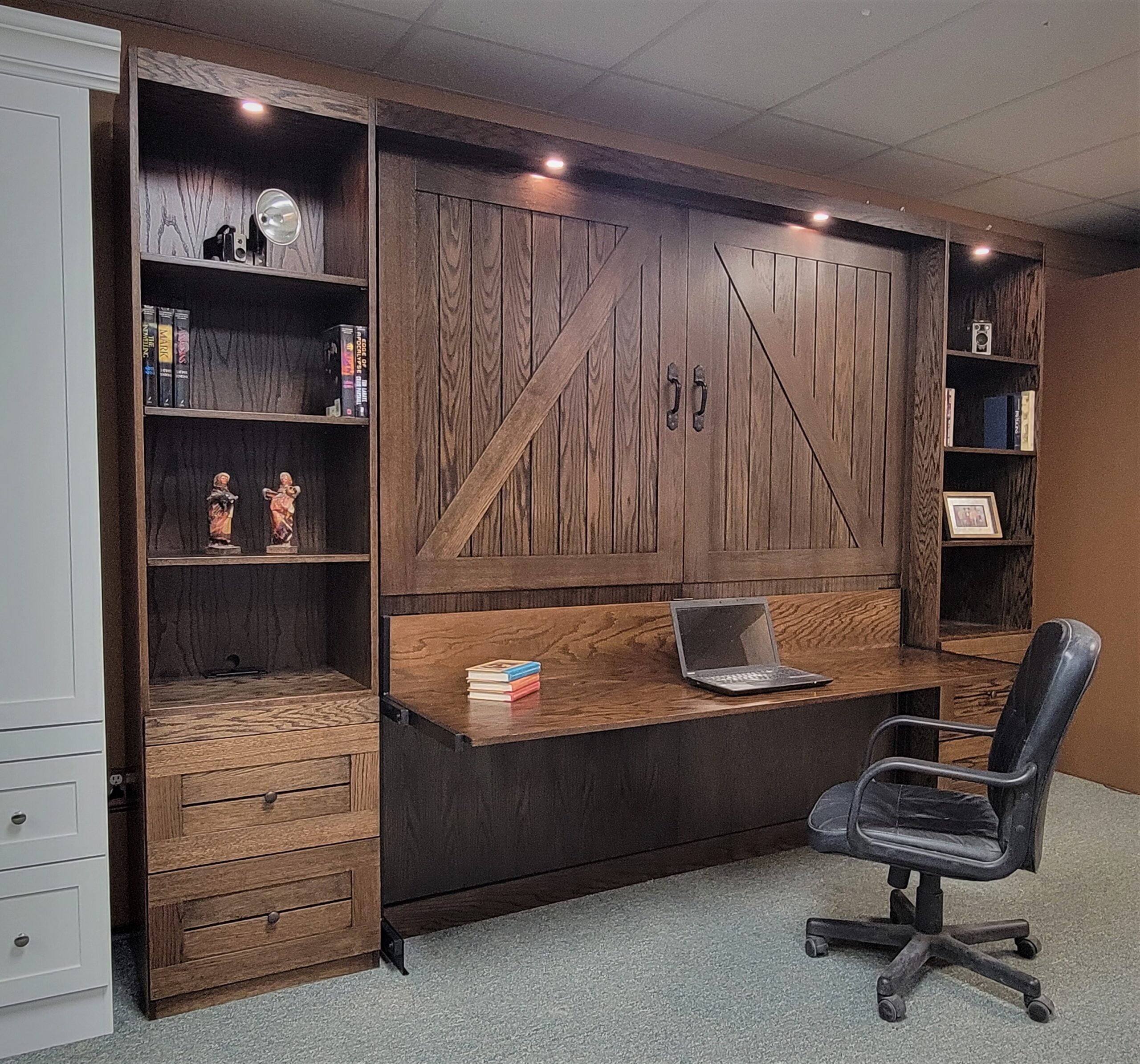 Dark Walnut on Oak Barn Door Murphy Bed Side View of Bed Shown Closed