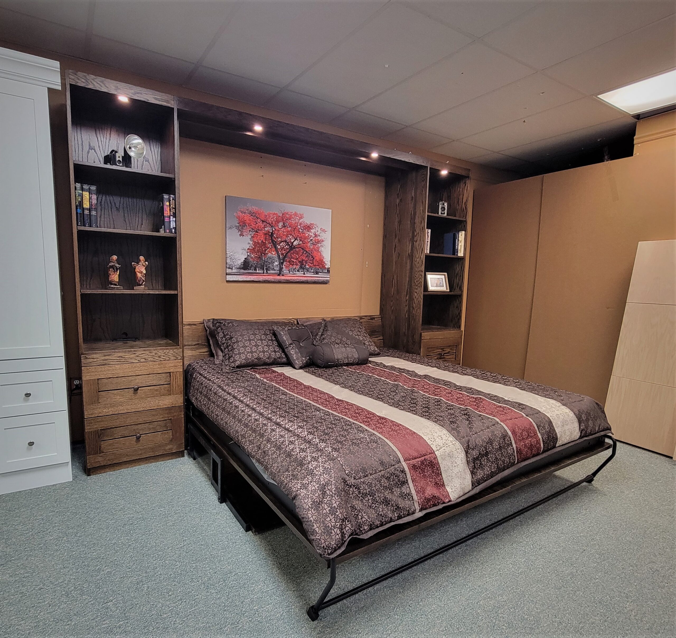 Dark Walnut on Oak Barn Door Murphy Bed Side View of Bed Shown Open