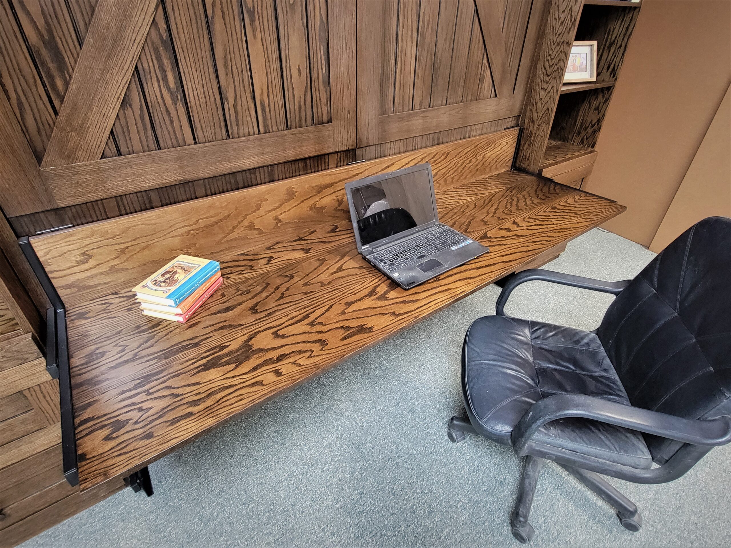 Dark Walnut on Oak Barn Door Murphy Bed Stay Level Desk